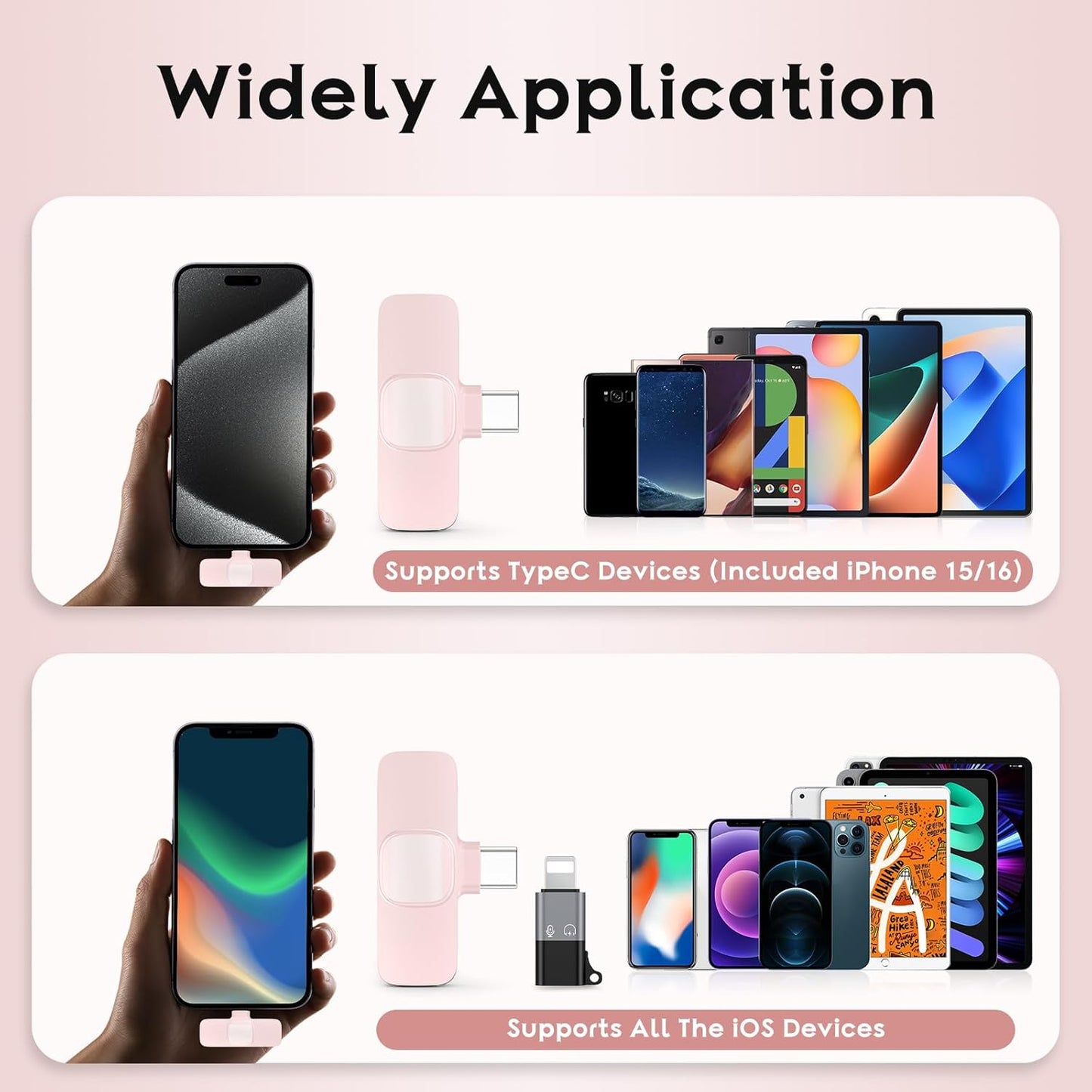 USB C Mini Wireless Lavalier Microphone for iPhone 15 16, iOS and Android Devices - Noise Reduction Lapel Mic for Recording, Clip Omni Lav Mic for Video Recording, Tiktok, Youtube, Vlog (Pink)