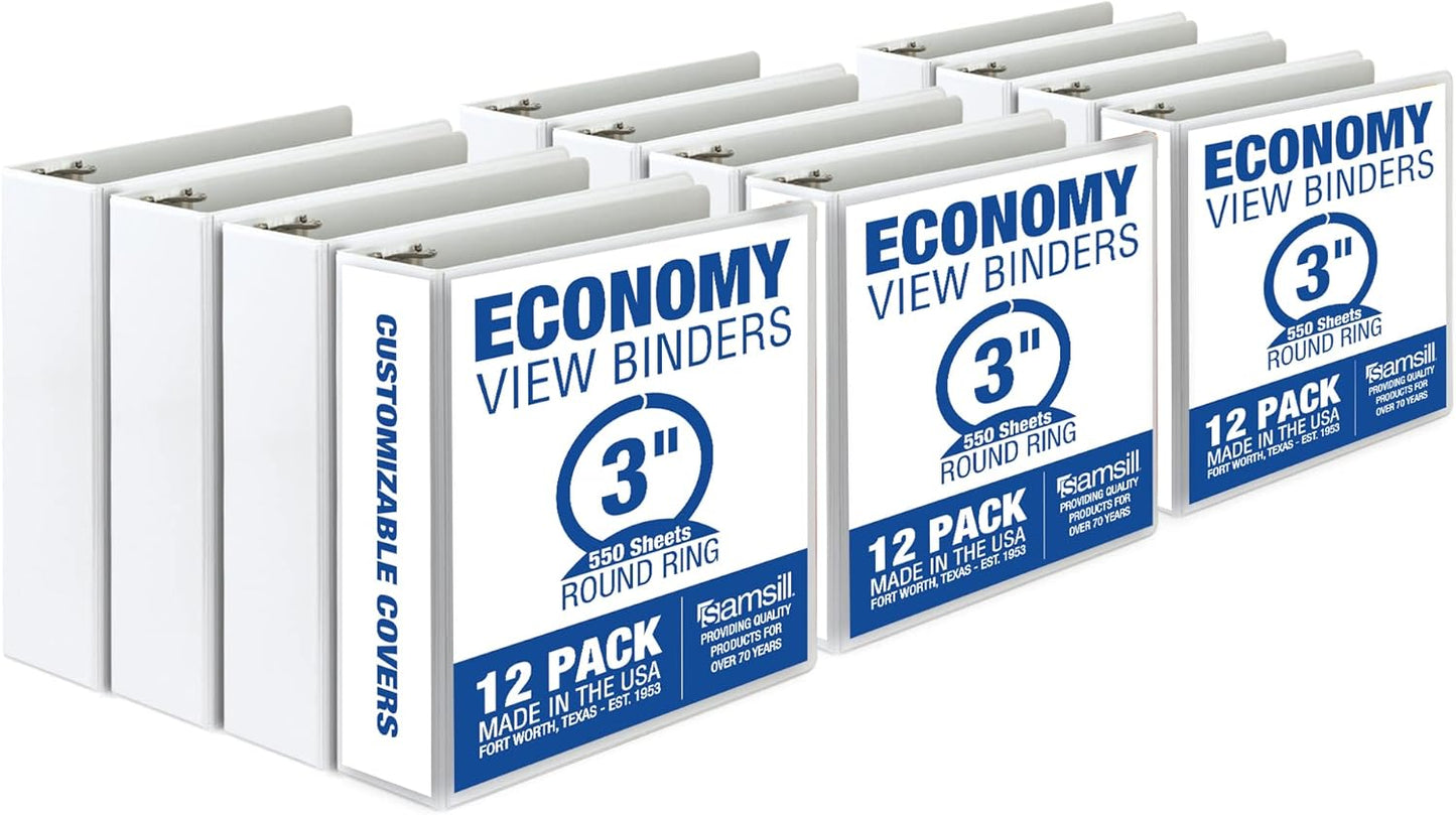 Samsill 3 Inch 3 Ring Binders, Made in USA, Economy Round Ring, Clear View Cover, 550 Sheet Capacity - for School, Home, Office - White, 12 Pack