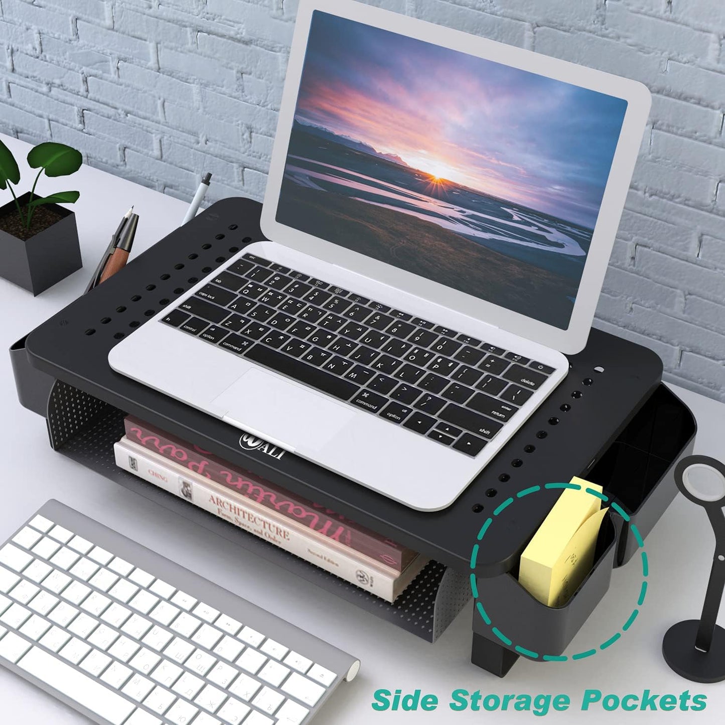 WALI Monitor Stand with Storage, Monitor Riser with Ventilation Drawer and Side Storage, Laptop Stand Riser for Desk, Printer Stands, (STT007), Black