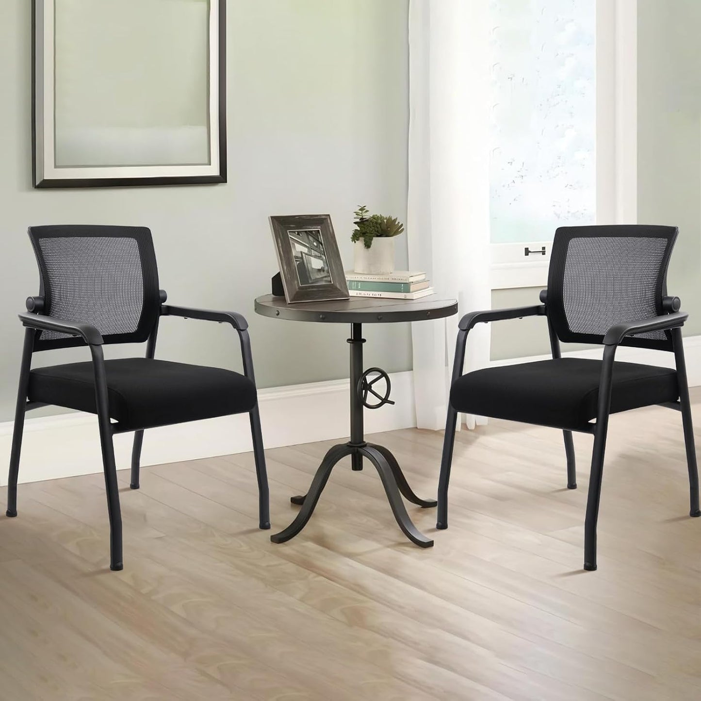 Desk Chair No Wheels with Adjustable Mesh Backrest, Arm Chair with Ergonomic Lumbar Support and Thickened Seats Cushion, Waiting Room Chairs for Office School Church Guest Reception, 2PACK