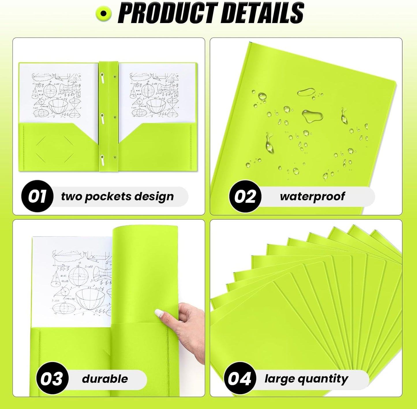 Lincia 100 Pcs Plastic Folders With 2 Pockets and Prongs for Office, School, Students, Teachers, Office Workers (Fluorescent Green)