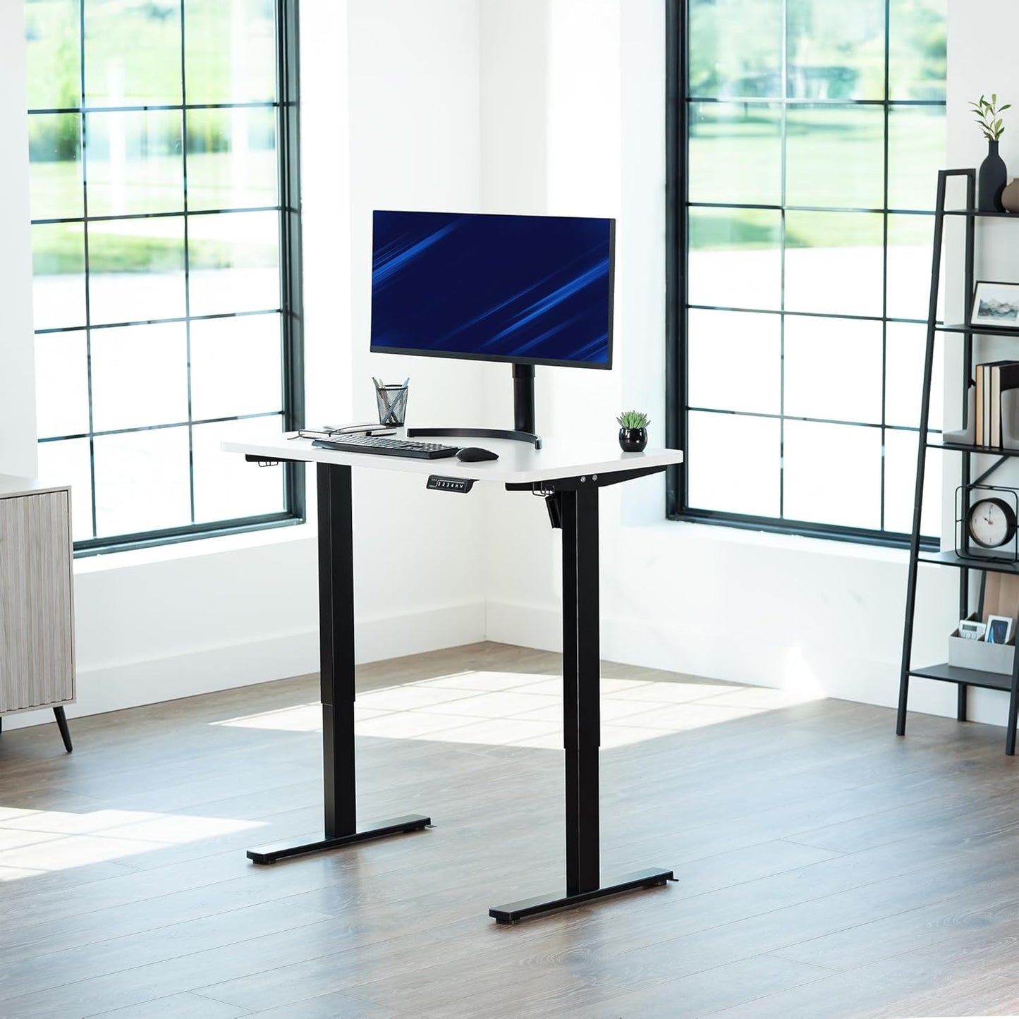 VIVO Electric 43 x 24 in Standing Desk, Memory Height Adjustment, 1B Series, One-Piece White Top, Black Frame, DESK-KIT-1B4W