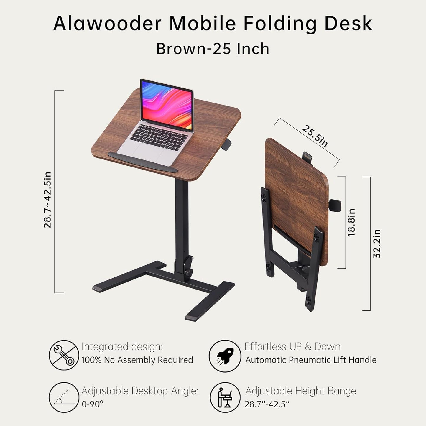 Mobile Folding Desk 25 Inch - No Assembly Sit-Stand Desk,Height Adjustable Rolling Laptop Desk, Space-Saving Portable Desk with Wheels for Home Office Craft & Study, Brown