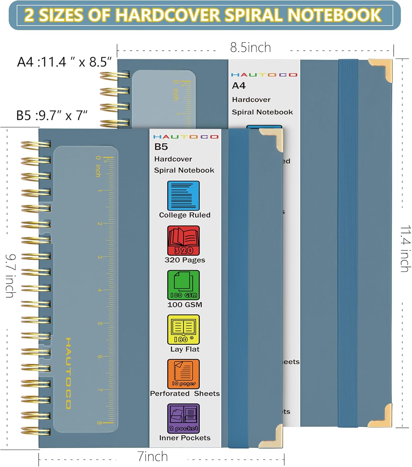 HAUTOCO Spiral Notebook College Ruled B5 Leather Bound Journal, 320 Pages, Hardcover Notebooks with tabs, 100 GSM Paper, 7"x 9.7" Lined Journaling Notebooks for Work Office School Business, Airy Blue
