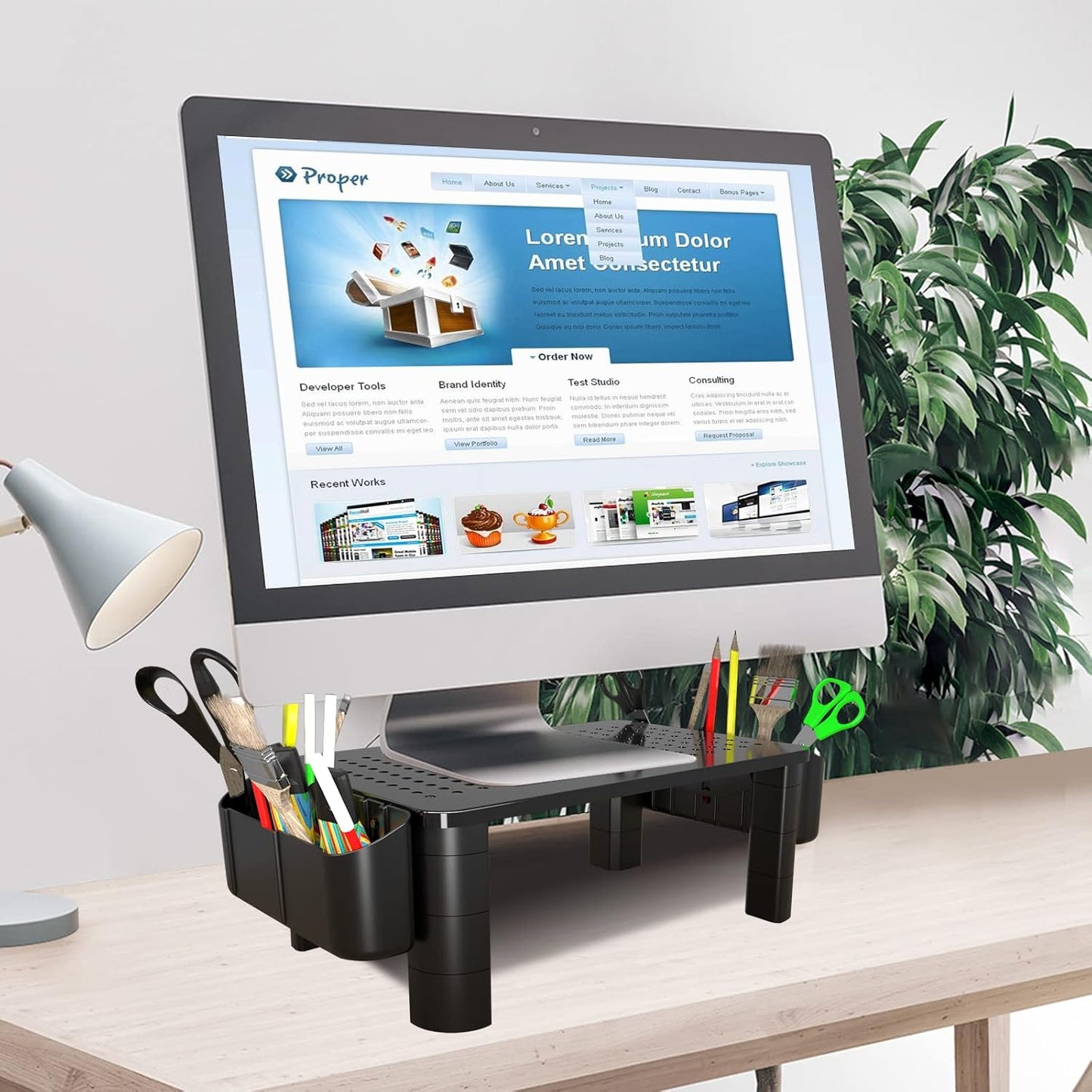 Pholiten Monitor Stand with Storage Drawer | Desk Organizer Riser for Computer Screens, Laptops | Office & Home Workspace Solution, 44lbs Capacity Weight，Black