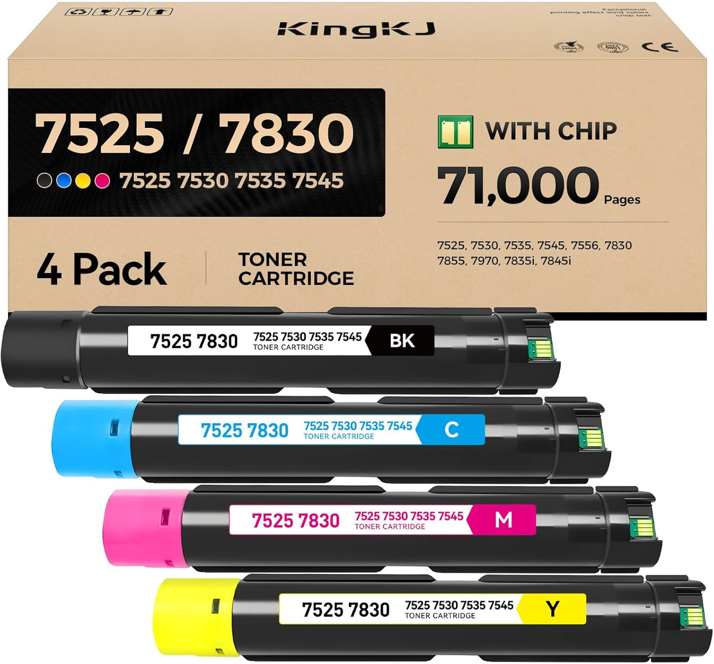 7525 Toner Cartridge Set 4-Pack High-Yield Replacement for Xerox 006R01513 006R01514 006R01515 006R01516 Compatible for Xerox Workcentre 7525 7530 7535 7545 7556 7830 7855 7970 7835i 7845i Printer Ink