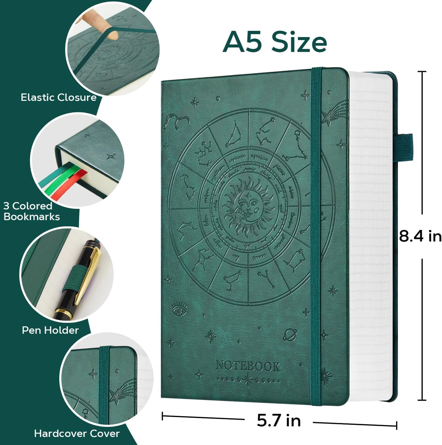 Hardcover Notebook Journal, A5 Lined Daily Journal College Ruled Notebook for Women Men, 320 Pages Thick Writing Journal Notebook for School Work, Dark Green Leather Notebook, 5.7'' X 8.4''