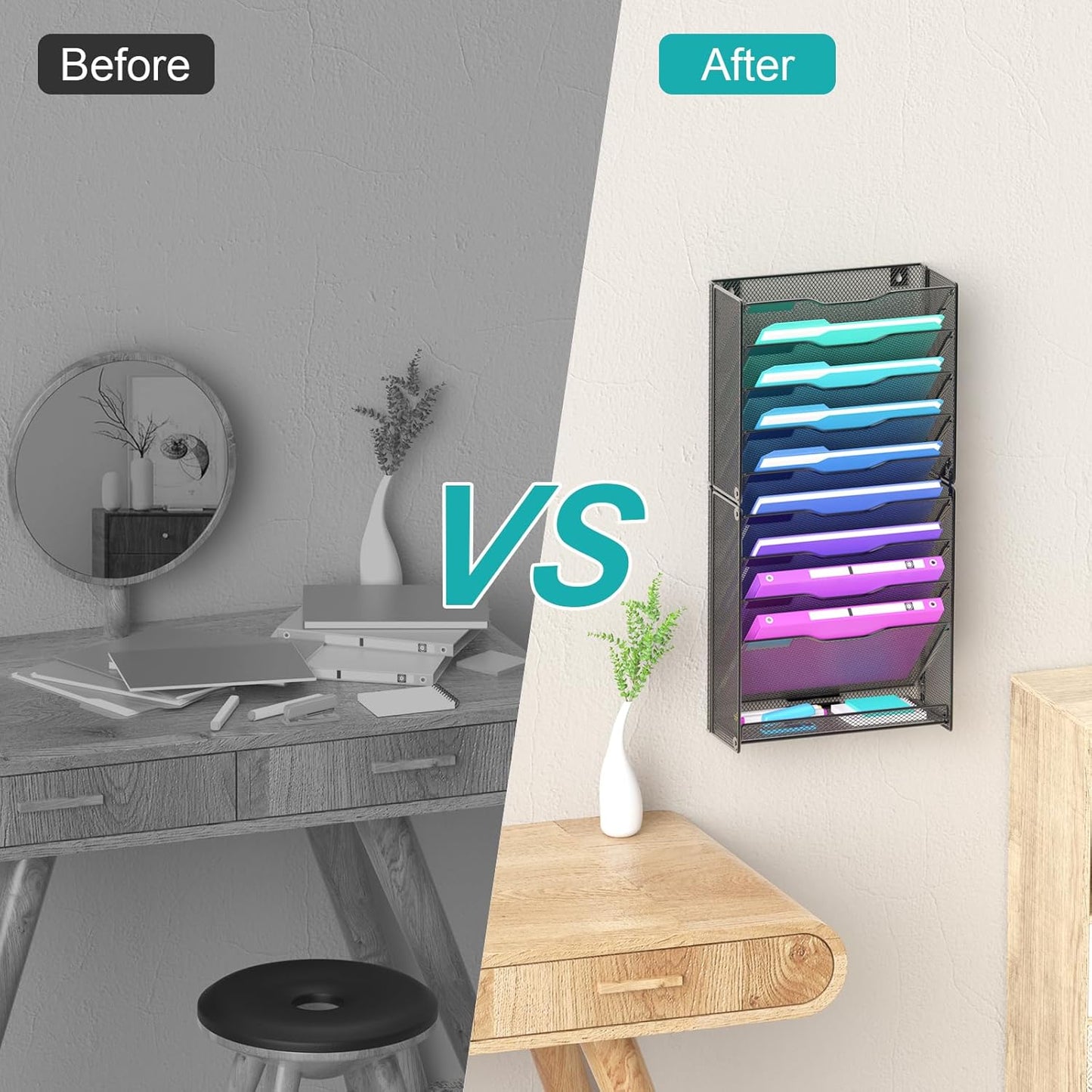 10 Tier Hanging Wall File Organizer, Wall File Holder Organizer Mounted Letter Mail Magazine File Rack With Flat Tray For Office Home School, Black