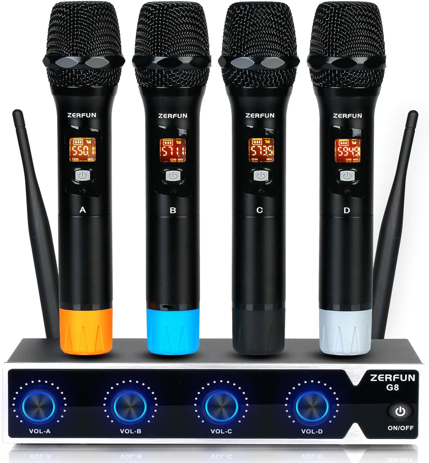 Pro Wireless Microphone System 4 Channel, UHF Metal Cordless Handheld Mics for Church Karaoke Singing, 4x50 Adjustable Frequency(G8 Battery 4 Handheld)