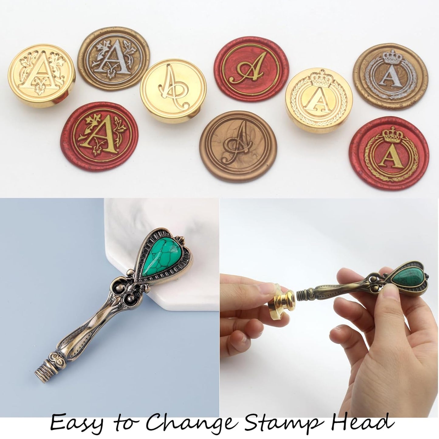 Letter Wax Seal Stamp Kit, Andotopee Wax Seal Kit Initial Alphabet A Sealing Wax Stamp Head 3pcs, Vintage Wax Stamp Seal Kit with Wax Seal Beads, Wax Seal Warmer Tools, Wax Seal Pen, Gift Box Set