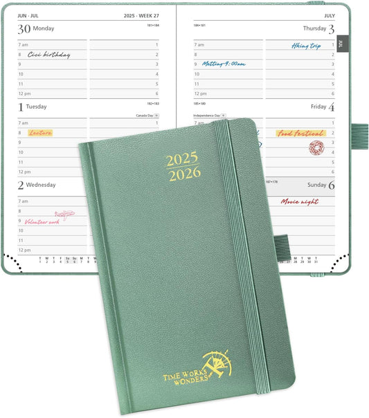 POPRUN Pocket Planner 2025-2026, (Purse Size 4''x 6.25'' Hard Cover) Academic Year Calendar Daily Weekly and Monthly (July 25-June 26) with Hourly Time Slots, 100 GSM Paper - Midnight Green