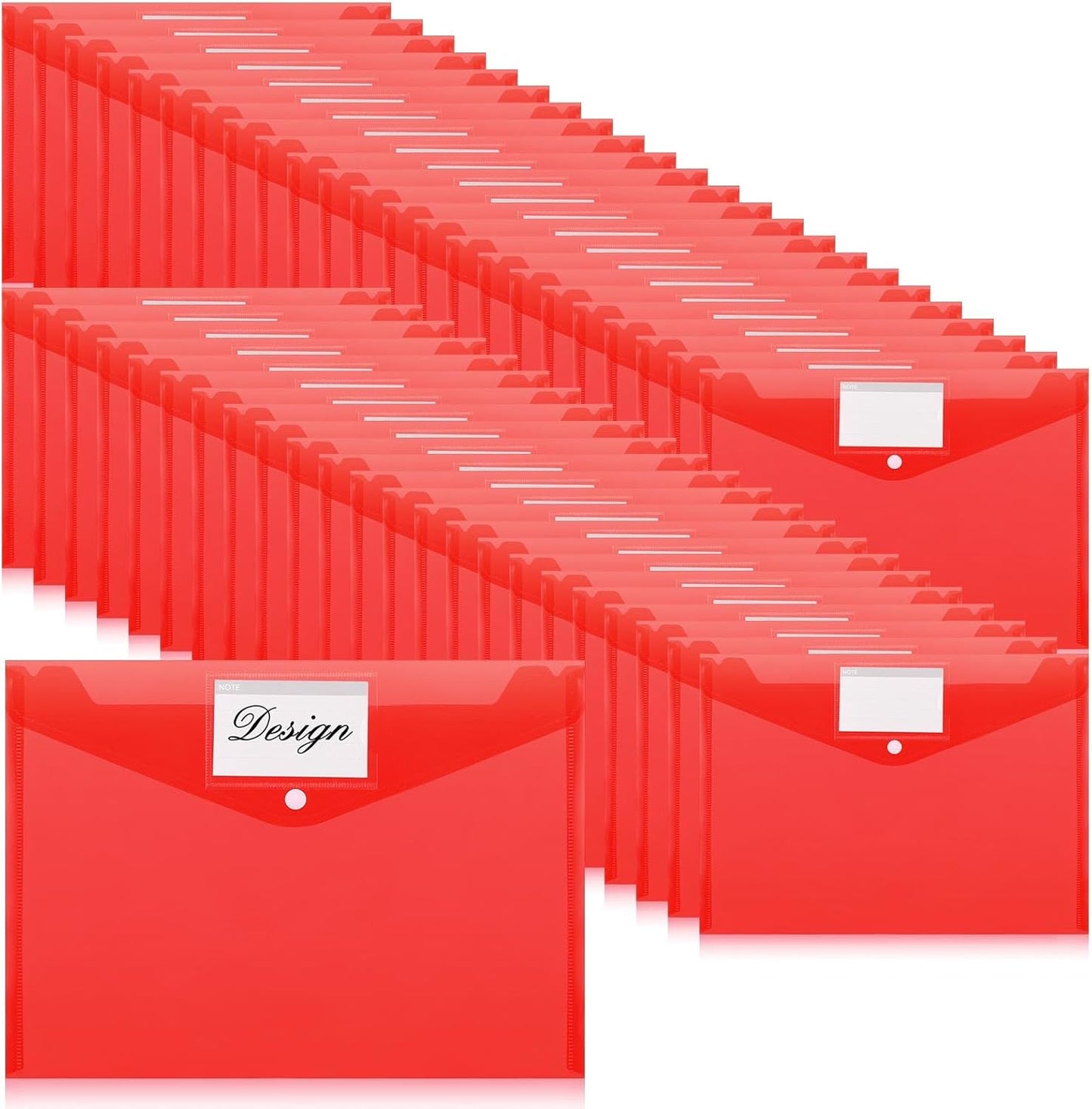 Lincia Plastic Envelopes A4 Size Poly Envelopes File Folders Work Document Holder Office Paper Plastic File Organizer with Label Pocket Snap Button Home Bag for School (Clear Red,48 Pcs)