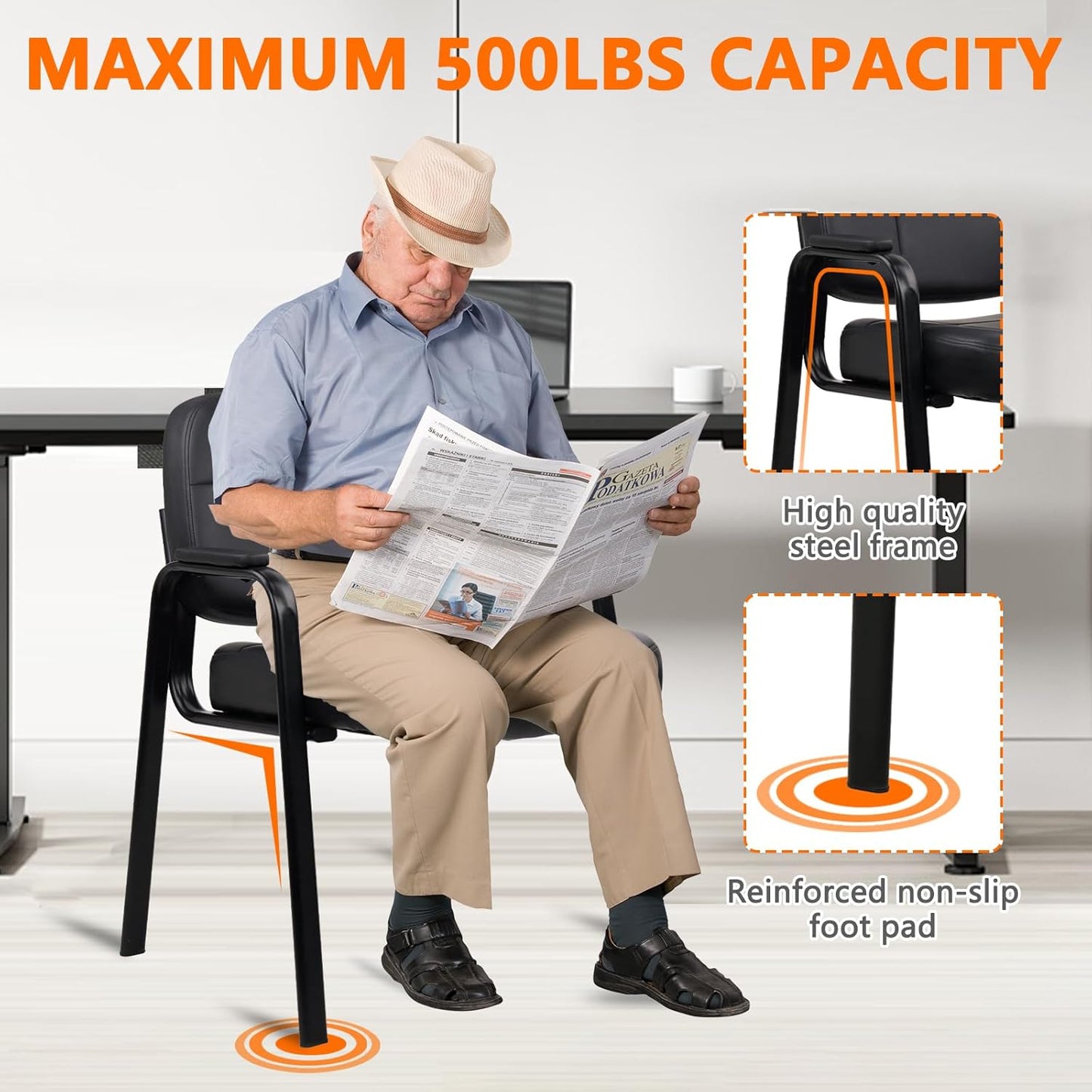 CLATINA Big & Tall 800 lbs Waiting Room Guest Chair, Leather Office Reception Chair No Wheels with Padded Arms for Elderly Home Desk Conference Room Lobby Side Salon Clinic, Black(8 Pack)