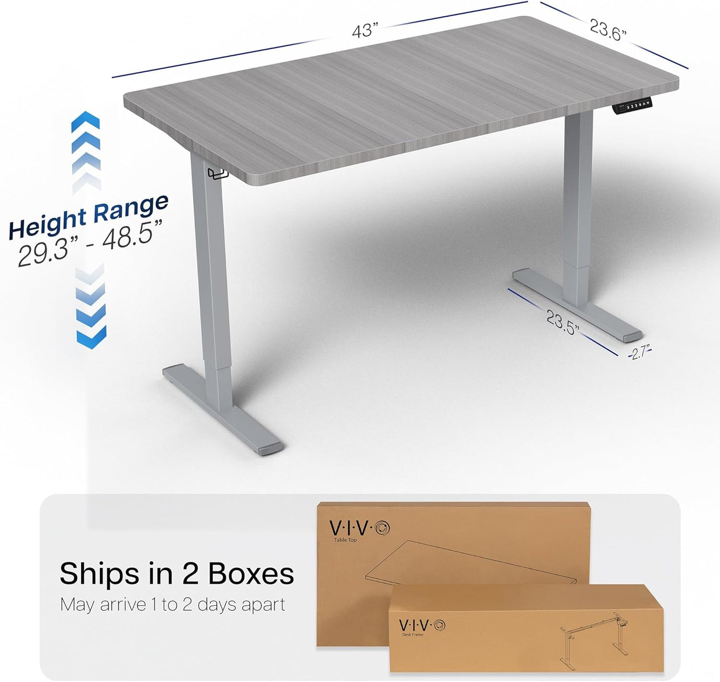VIVO Electric 43 x 24 in Standing Desk, Memory Height Adjustment, 1B Series, One-Piece Dark Gray Top, Gray Frame, DESK-KIT-1G4G