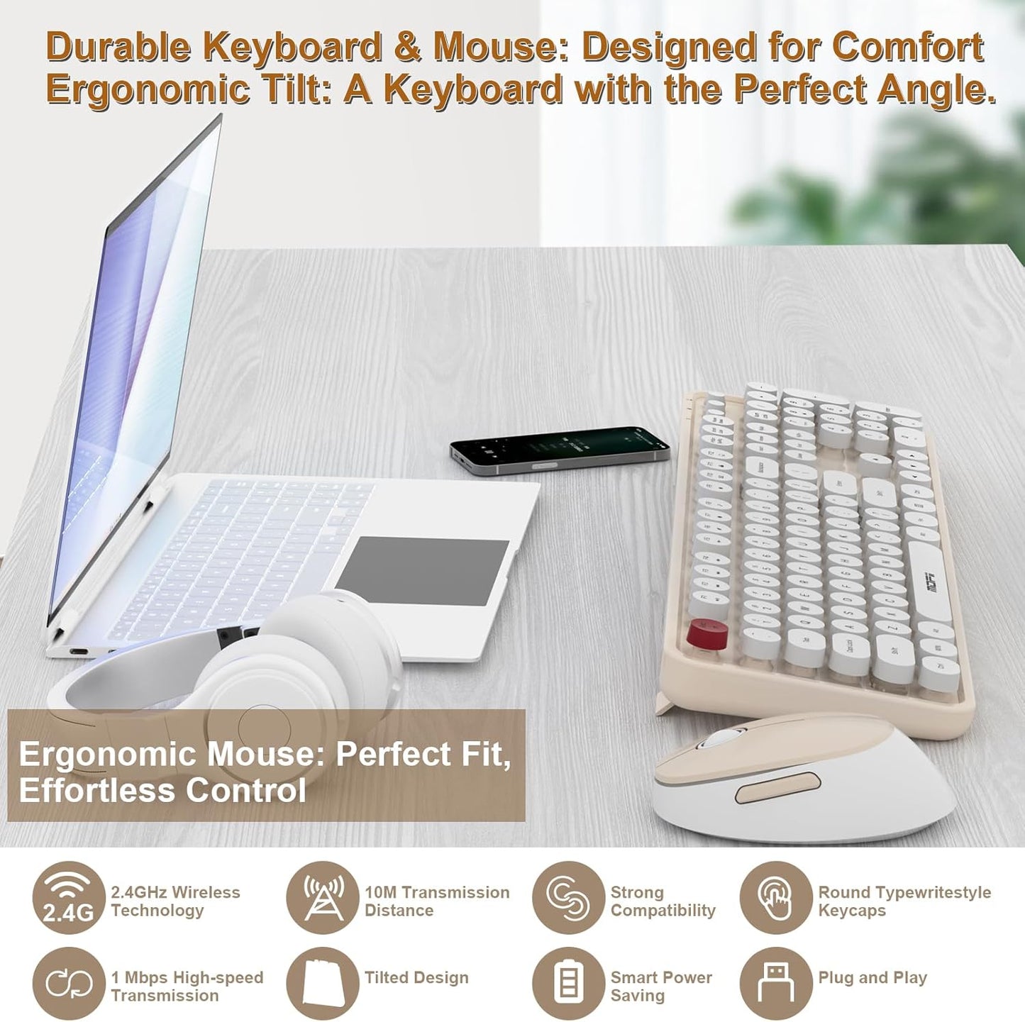Wireless Keyboard and Mouse Combo, MOFII 104 Keys Full-Size Retro Round Keys Typewriter Keyboards Ergonomic Keyboards and Mouse Wireless for Windows, PC, Laptop, Desktop White