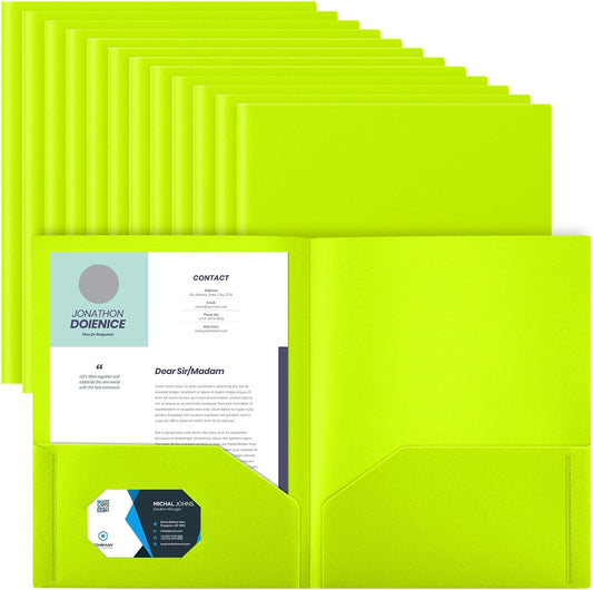 Gueevin 24 Pcs Plastic Folders with Pockets, Back to School Two Pocket Folder Fit Letter Size, Heavy Duty School Business Card Holder for Home Office, 11. 61 x 9. 45 Inches (Fluorescent Green)