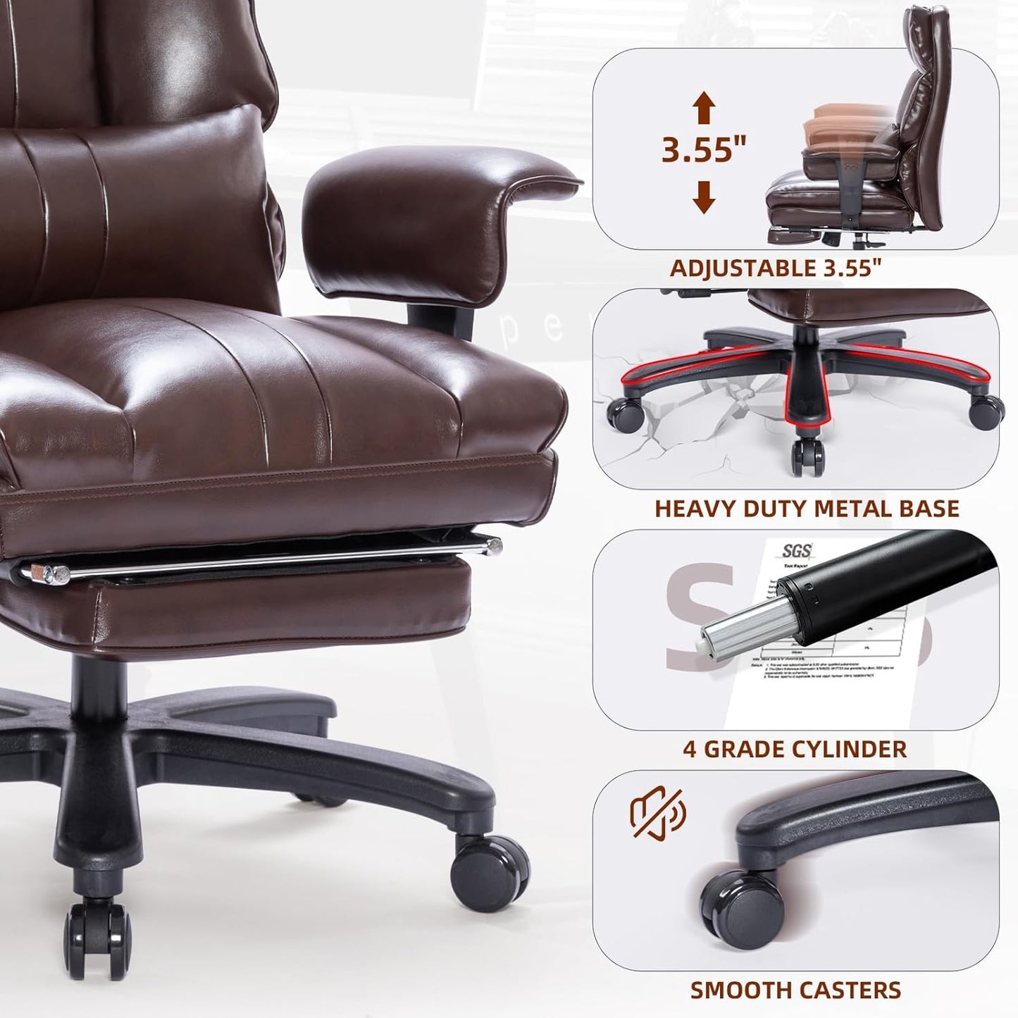 Big and Tall Office Chair 500lbs Wide Seat Executive Office Desk Chair High-Back Office Task Chair with Foot Rest, Ergonomic Lumbar Support Computer Office Chairs for Heavy People(Brown)