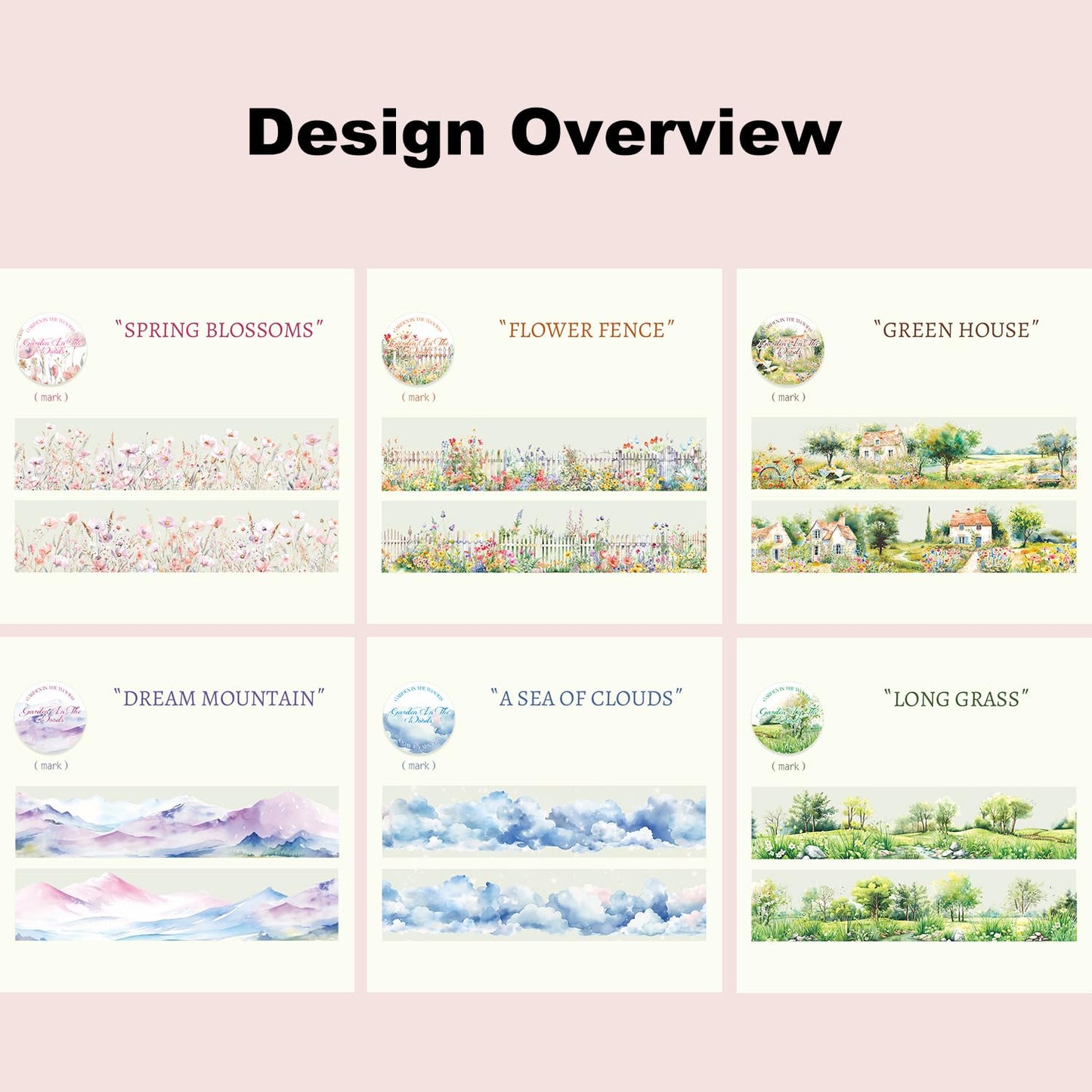 6 Rolls Transparent PET Tape Set, Nature Landscape Decorative Stickers for Scrapbooking, Journaling, DIY Crafts, Waterproof Craft Supplies with Decorative Clip