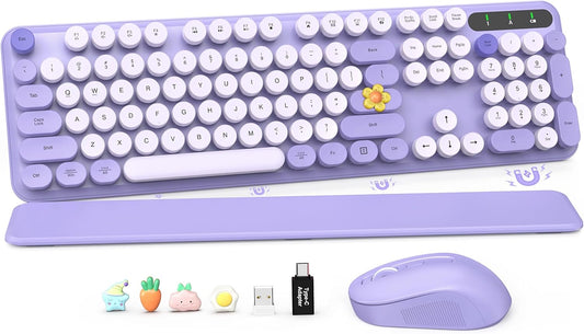 Wireless Keyboard and Mouse Combo, Cute Round Keycaps, Full-Size Retro Typewriter Keyboard with Detachable Wrist Rest, 2.4GHz Cordless Connection for Mac/Windows/PC/Laptop (Purple-Colorful)