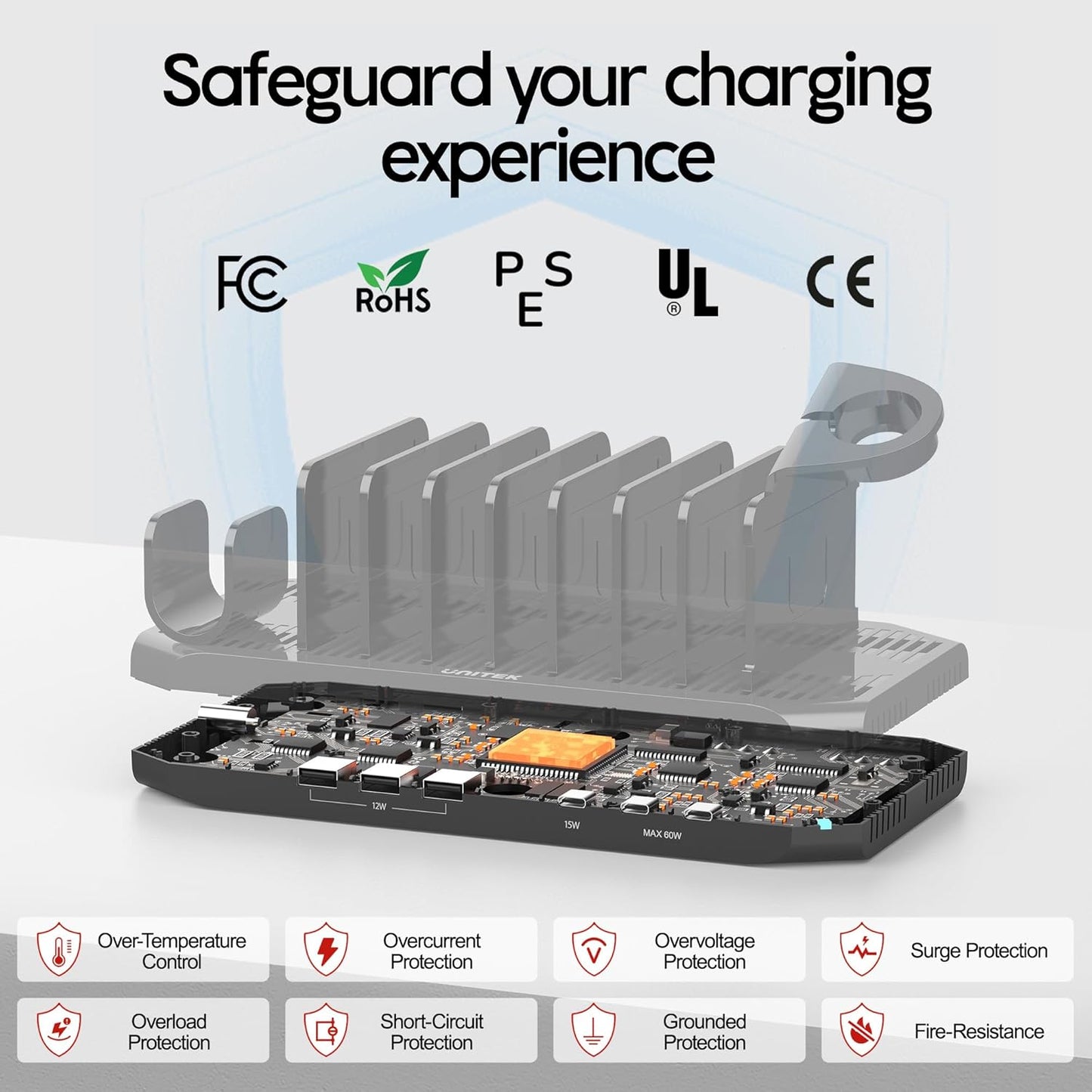 Unitek USB C Charging Station for Multiple Devices Apple - 6 Port MacBook Laptop Charging Dock with Type-C PD 60W Fireproof Fast Charging Stand with Smartwatch & Airpods Holder for iPhone iPad Tablet