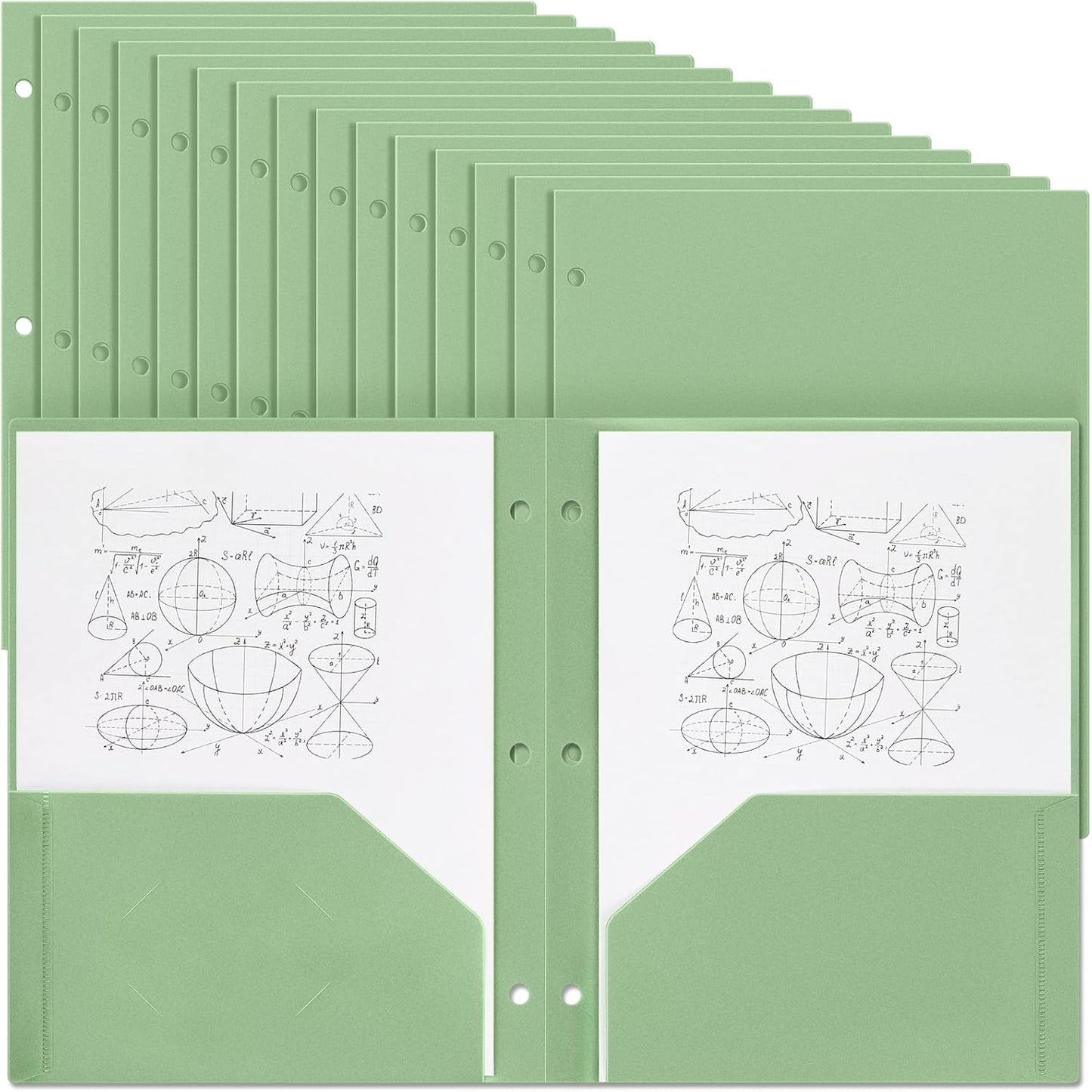 Yeaqee 50 Pcs Plastic Folders with Pockets Bulk 3 Hole Punched 2 Pocket File Folders for 3 Ring Binder Divider Folder for Notebooks, Durable Poly for Office Home (Sage Green)