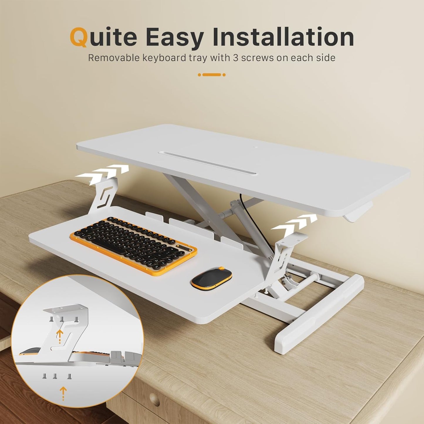 JOY worker Standing Desk Converter, 35" Wide Height Adjustable Sit Stand Up Desk Riser with Keyboard Tray, Desktop Workstation Riser for Home Office Computer Laptop, Particle Board, White