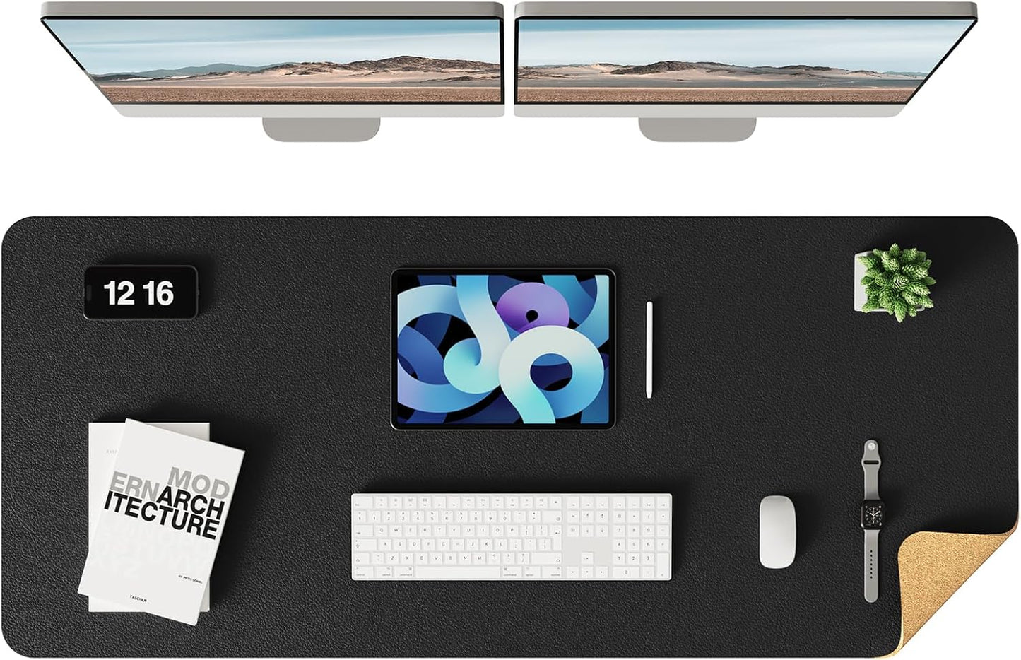 YSAGi Double-Sided Desk Pad, Leather Desk Mat, Eco Cork Desk Pad Protector, Large Mouse Pad for Desk, Waterproof Desk Blotter Pad, Desk Writing Pad for Office Work/Home (Black+Cork, 47.2" x 17")