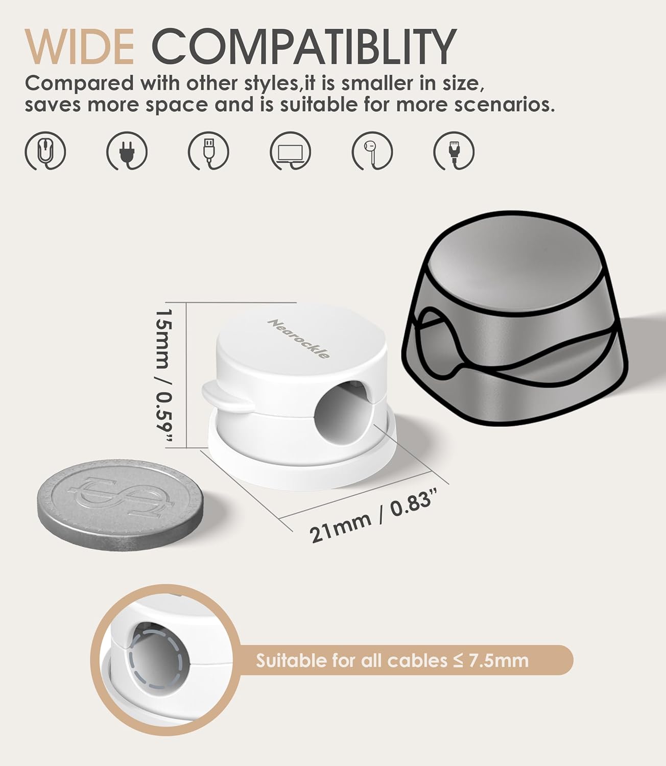 9 Pack Spring Cord Organizer Cable Clips [Locking Cable Rotatable], 2025 Latest Nearockle Phone Charging Cord Holder Cable Management for Car, Nightstand, Office Desk Accessories (White)