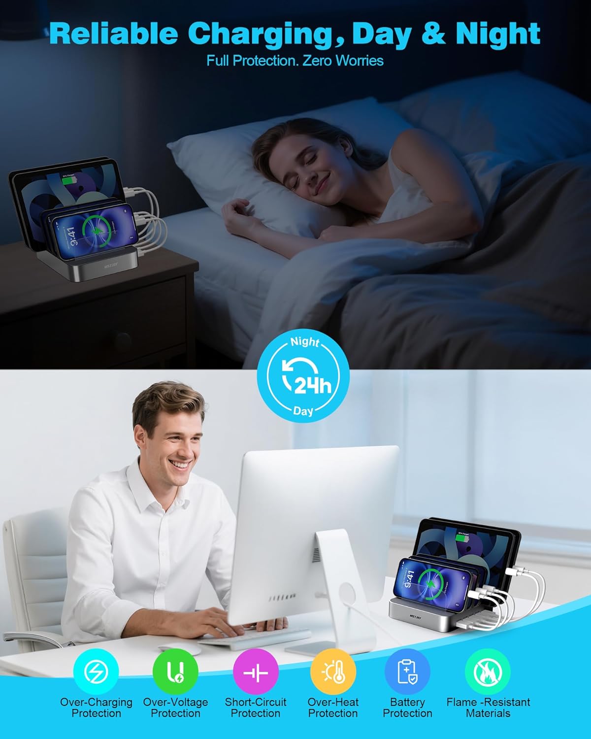 MSTJRY Charging Station for Multiple Devices : 5 Port Multi USB-A Charger Stations Multi-Device Organizer Charging Dock Designed for iPhone iPad Cell Phone Tablets (7 Short Cables Included), Silver