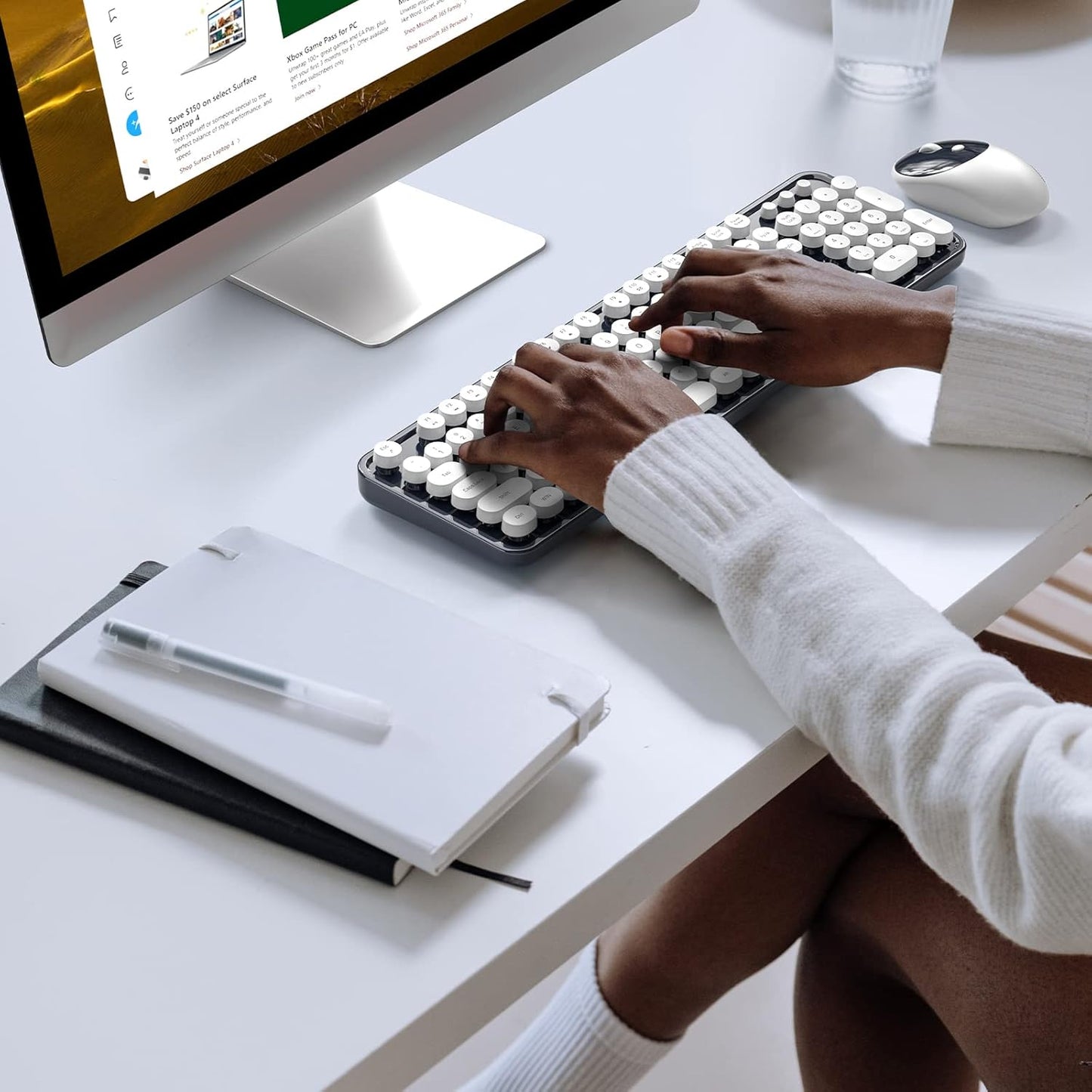 MOFII Wireless Keyboard and Mouse Combo, Computer Full Size 2.4G Plug and Play Wireless Typewriter Retro Round Keyboard and Mouse Set for Windows, Computer, Desktop, PC, Notebook - (Dark Blue)