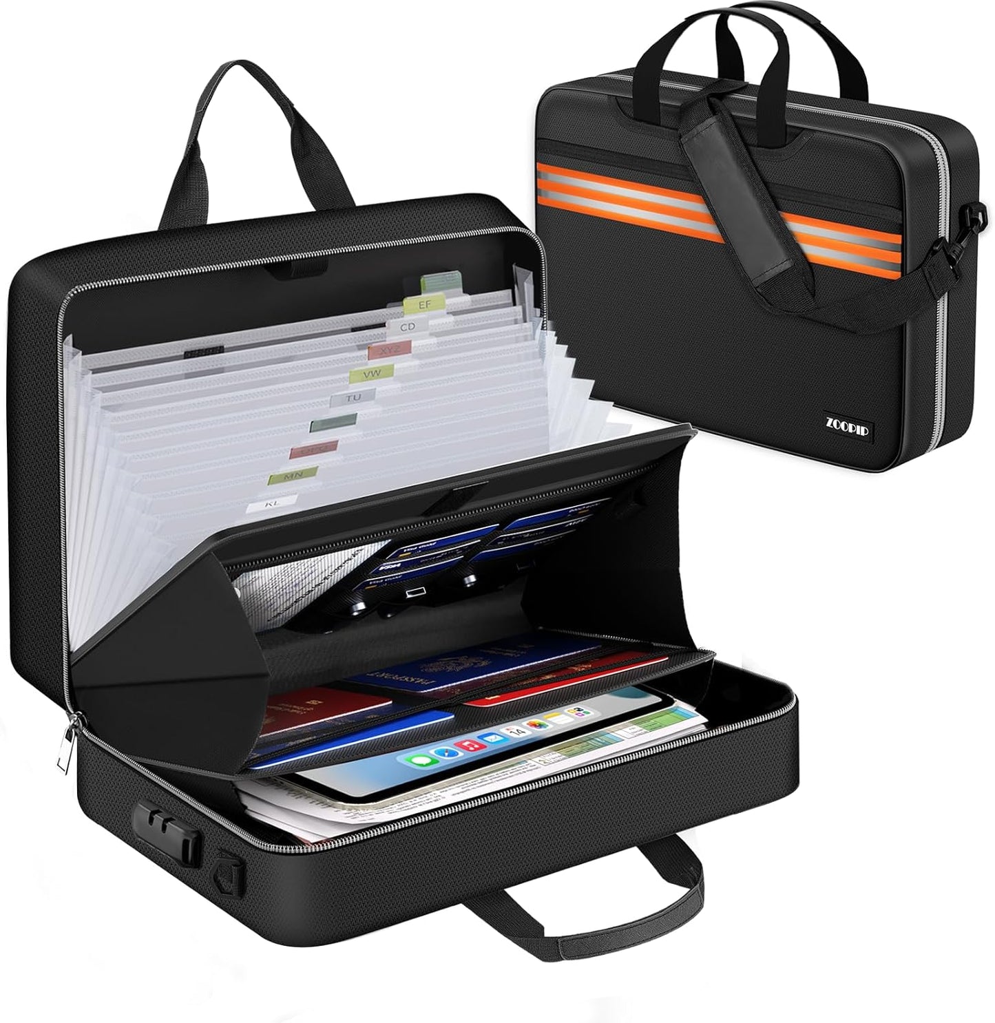 Accordion File Organizer with Lock,Fireproof Document Organizer Bag with Shoulder Strap,Large 13 Pocket Expanding File Folder,Portable Safe Storage for Letter/Legal Files,Books, Laptop-Black