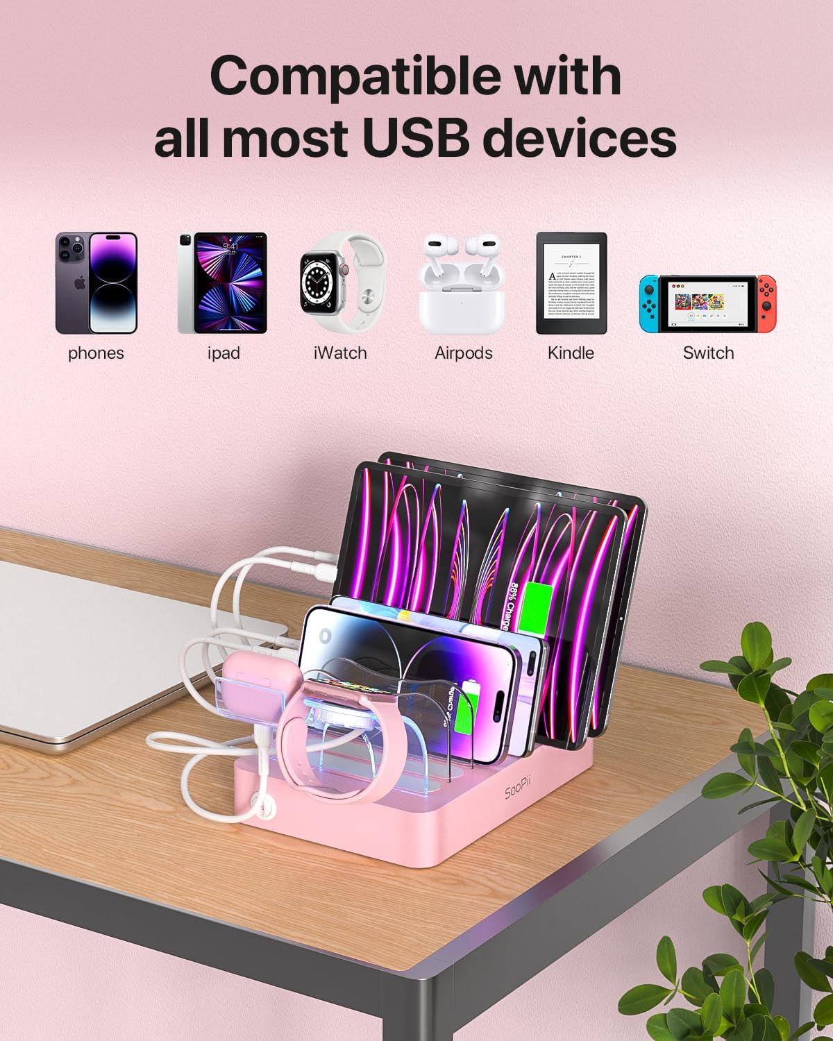SooPii Premium 6-Port USB Charging Station Organizer for Multiple Devices, 6 Short Charging Cables and One Upgraded i-Watch Charger Holder Included, for Phones,Tablets and Other Electronics, Pink