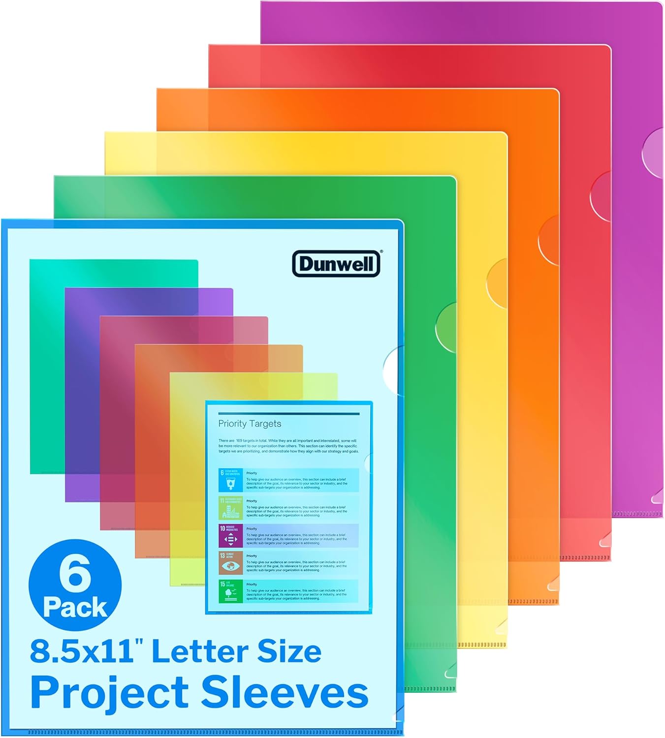 Dunwell Clear Folders for Documents, Plastic 8.5x11 File Sleeves for Document Protection, Filing, Storage, Organization (6 Pack) Colorful Folders with Pockets, Durable Letter Size Document Holder