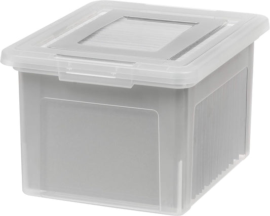 IRIS USA File Box, Plastic File Boxes With Lids, Document Organizer for Letter/Legal File, Document Box, Storage Bin For Hanging Files, Secure Latching Lid Stackable BPA-Free, Clear 35 Qt. 1 Pack