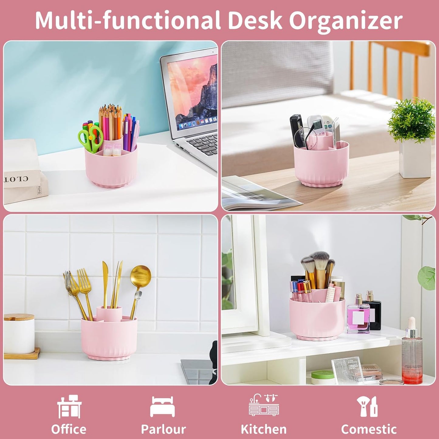 Marbrasse Desk Organizer, 360-Degree Rotating Pen Pencil Holder, Desk Organizers and Accessories with 5 Compartments Pencil Organizer, Art Supply Storage Box Caddy for Office, Home (Pink)