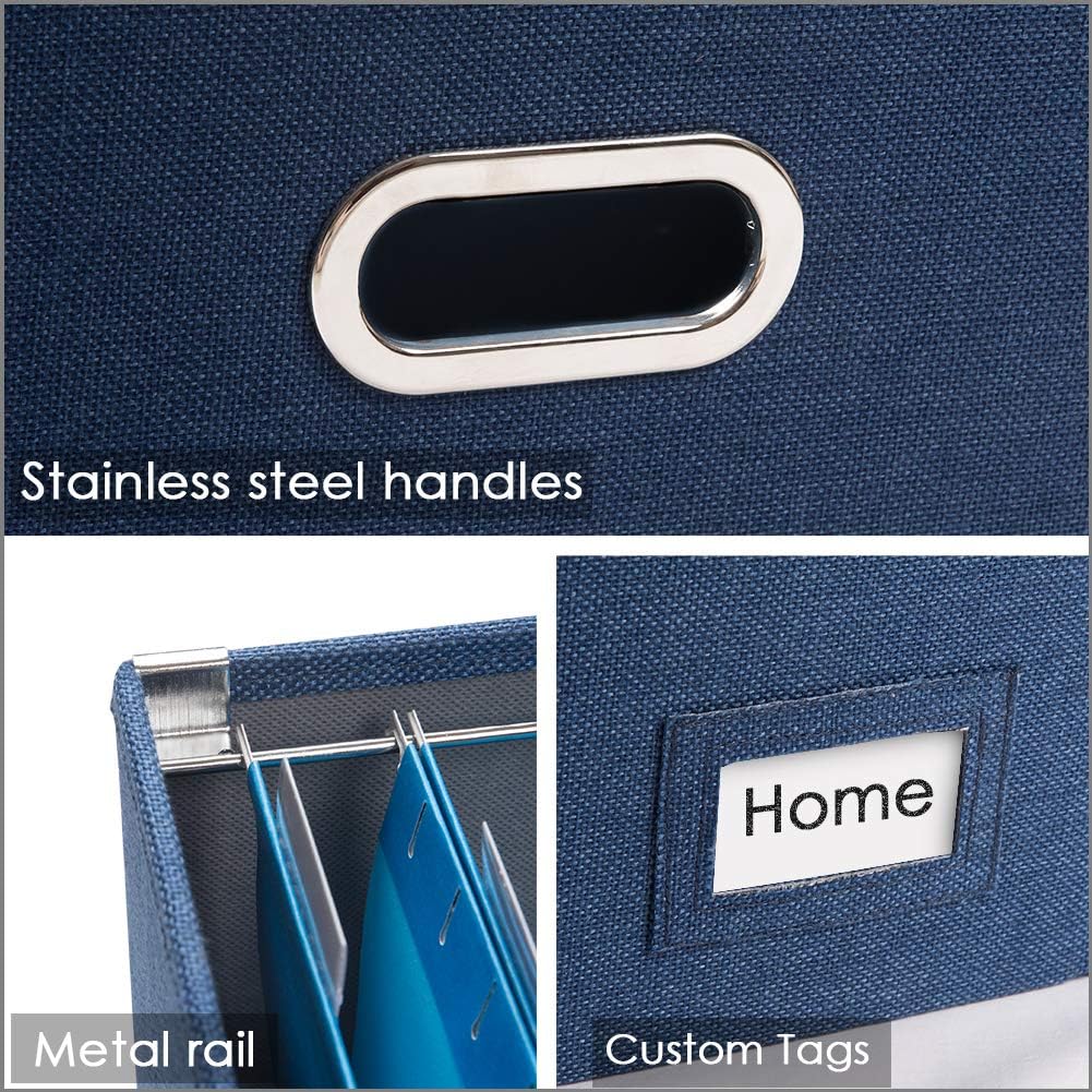 PRANDOM File Organizer Box - Set of 2 Collapsible Decorative Linen Filing Storage Hanging File Folders with Lids Office Cabinet Letter Size Navy Blue (14x9.3x10.8 inch)