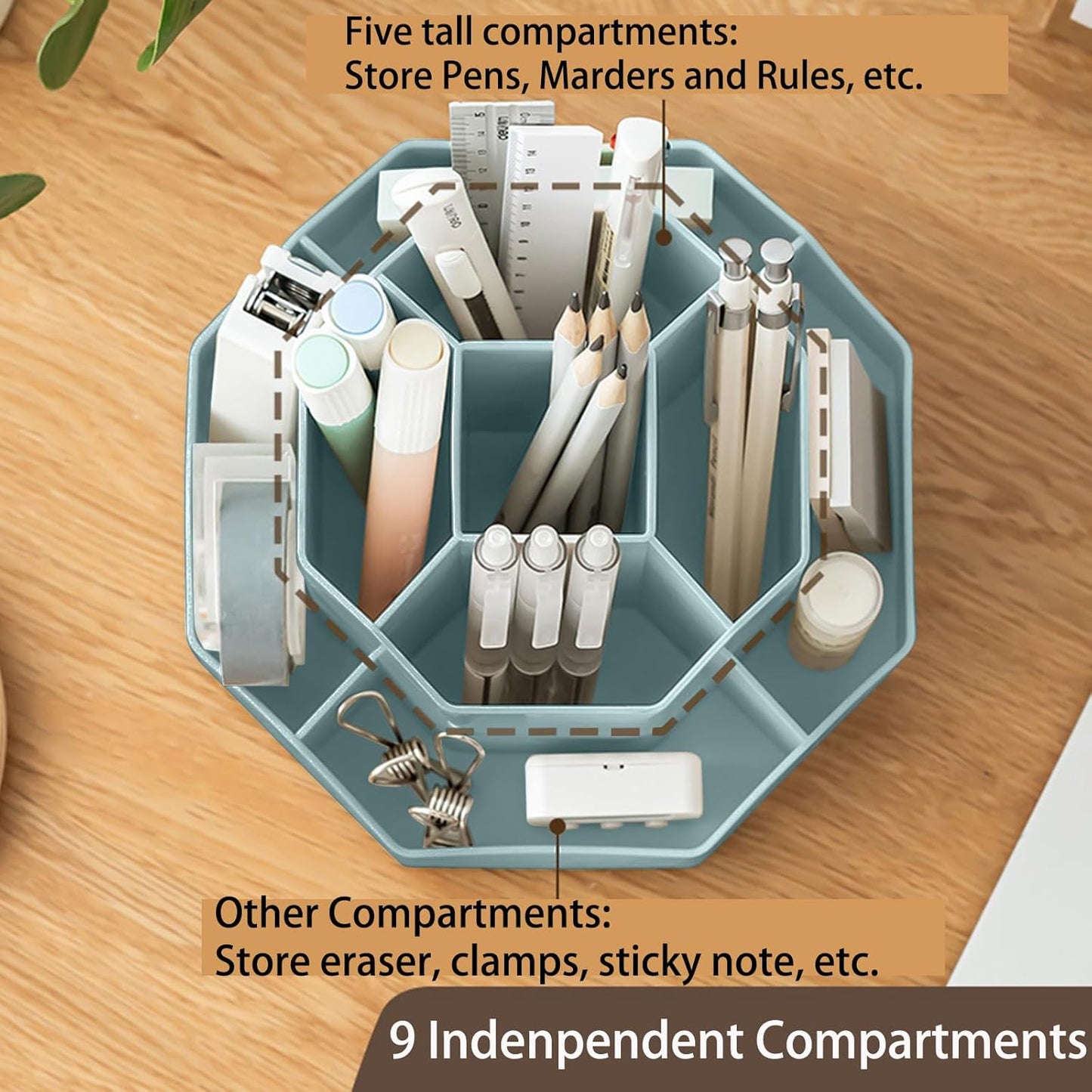 Pencil Pen Holder for Desk, 9 Slots 360 Degree Rotating Desk Organizer, Cute Pen Organizers Stationery Supplies for Office Home & Art Supply (Blue)