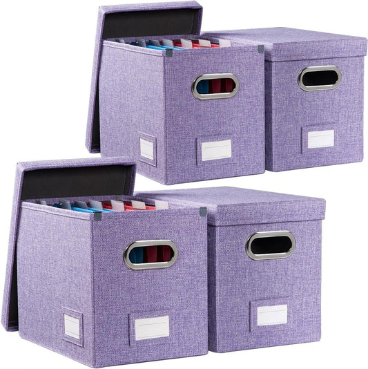 PRANDOM File Organizer Box - Set of 4 Collapsible Decorative Linen Filing Storage Hanging File Folders with Lids Office Cabinet Letter Size Purple (14x9.3x10.8 inch)