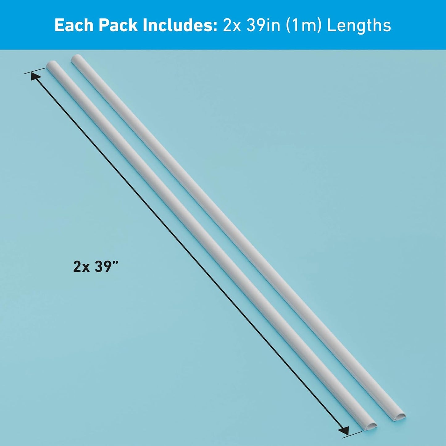 D-Line Half Round Cord Hider, Patented Cable Cover, Hide TV Wall Mount Wires, Raceway for Cords, Decorative Wire Covers, Paintable, Adhesive Cable Concealer, 2X 0.78in W x 0.39in H x 39in L, White