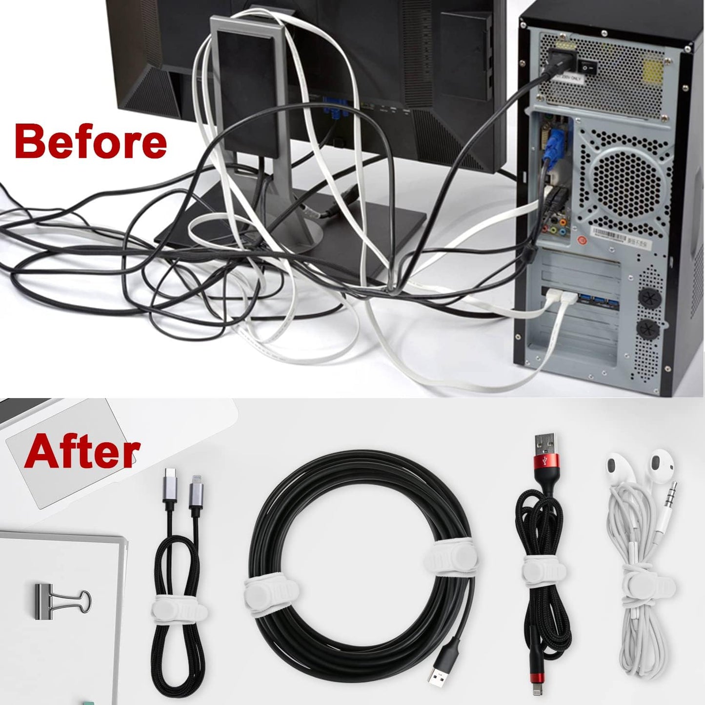 Nearockle 16Pcs Silicone Cable Straps Wire Organizer for Bundling Earphone, Phone Charger, Computer Cords, Reusable Cable Ties Cord Organizer in Home,Office,Kitchen,School(White)