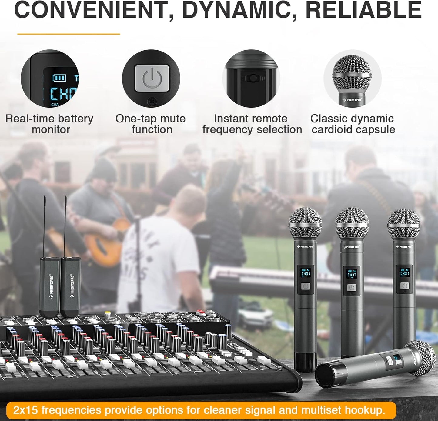 Phenyx Pro Dual Digital Wireless Microphone System, w/2 Handheld Dynamic Microphones,15 UHF Frequency Groups, Mini Receiver, Metal Cordless Mic for Karaoke,Church,DJ,Singing (PDP-2-2H)