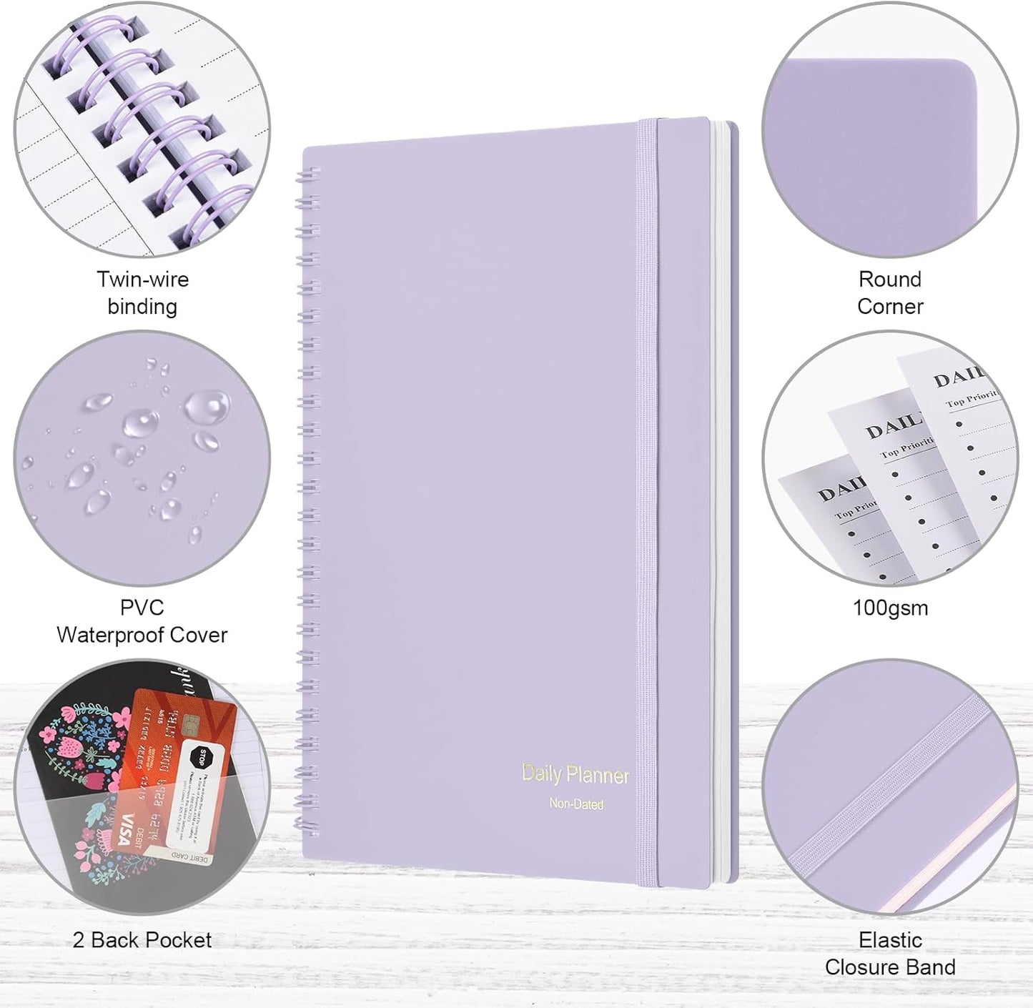 Asten Daily Planner Notebook, Undated To Do List with Hourly Schedules, Spiral Binding, Appointment Planner for Men & Women, ADHD-Friendly, Purple, 8.3" x 5.8"