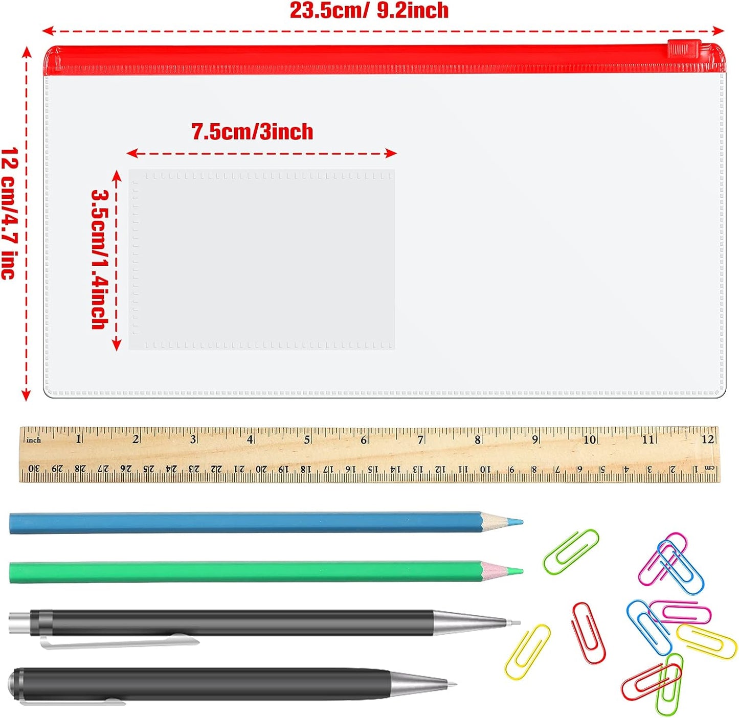 Marspark 100 Pieces Clear Pencil Case Zipper Envelope Bulk with Label Pocket Clear Plastic Envelopes with Zippered, A6 Pencil Bags for Cash, School Office Supplies, 9.2 x 4.7 Inches(Red)