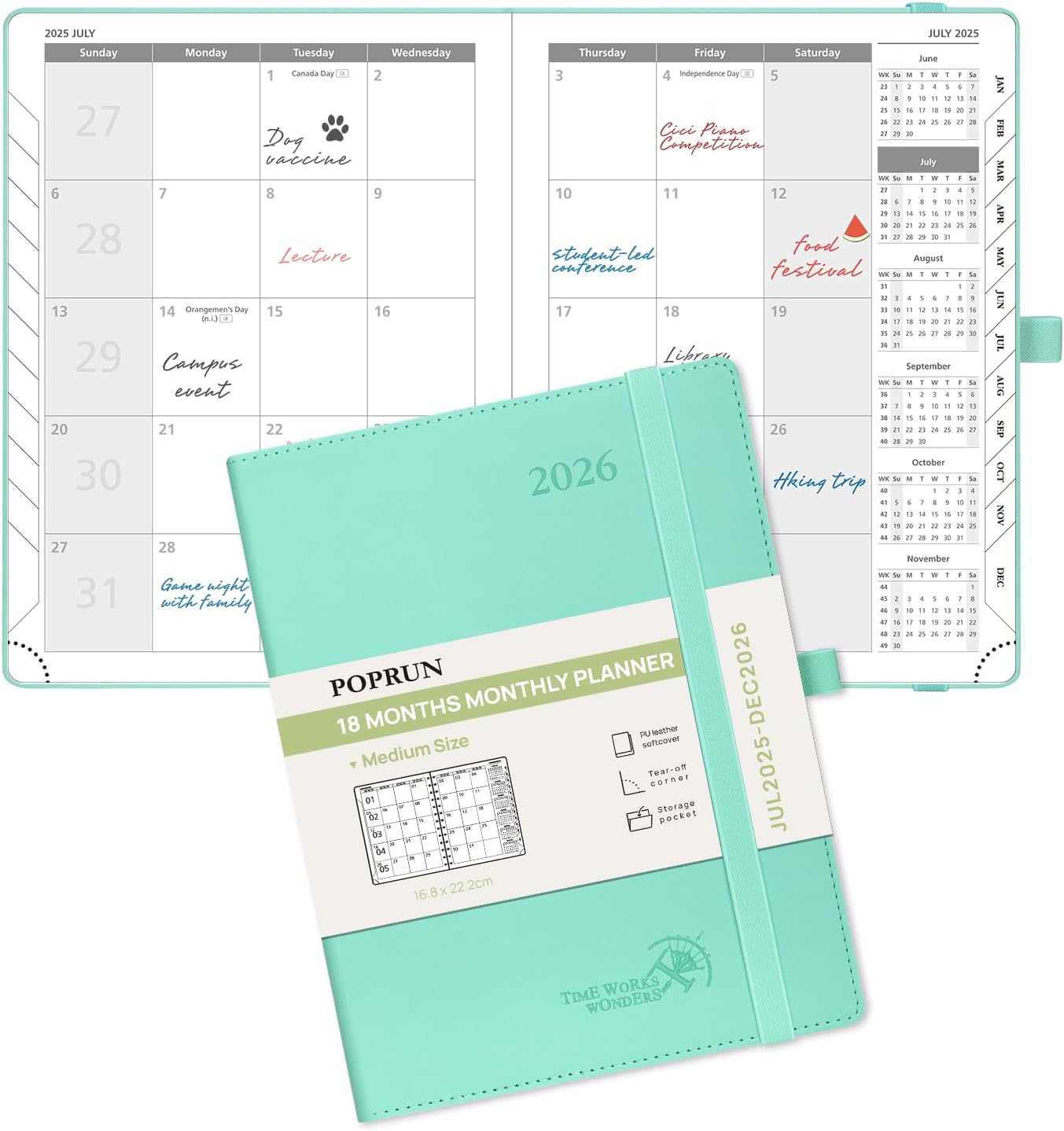 POPRUN Monthly Planner 2025-2026 (Medium- 6.5'' x 8.5'' Soft Cover), 18-Month Calendar Book (Jul.2025-Dec.2026), Calendar Planner with Monthly Tabs & Pocket, 100 GSM Paper - Green