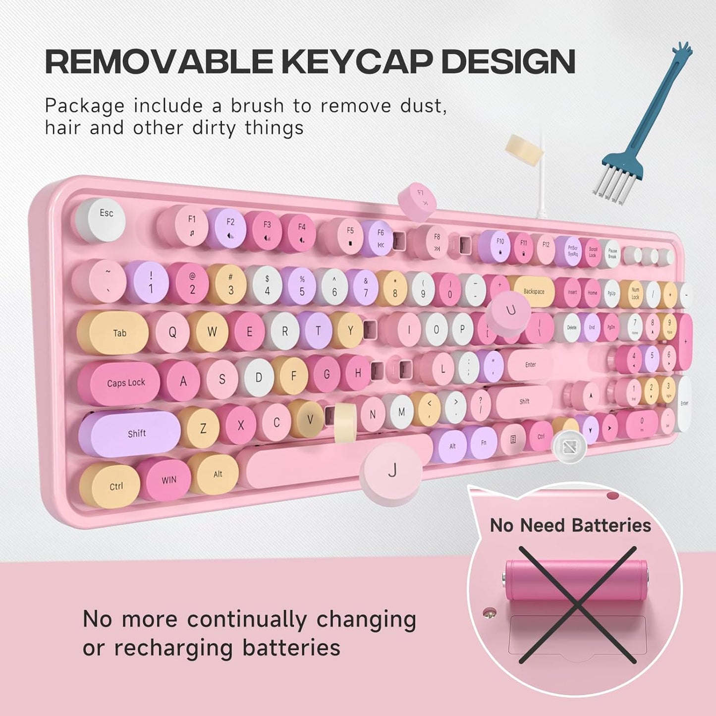 Wired Keyboard, 104 Keys Full-Sized Typewriter Keyboards, USB Plug and Play Office Keyboard with Number Pad, Caps Indicators, Foldable Stands for Windows, PC, Laptop (Pink Colorful)