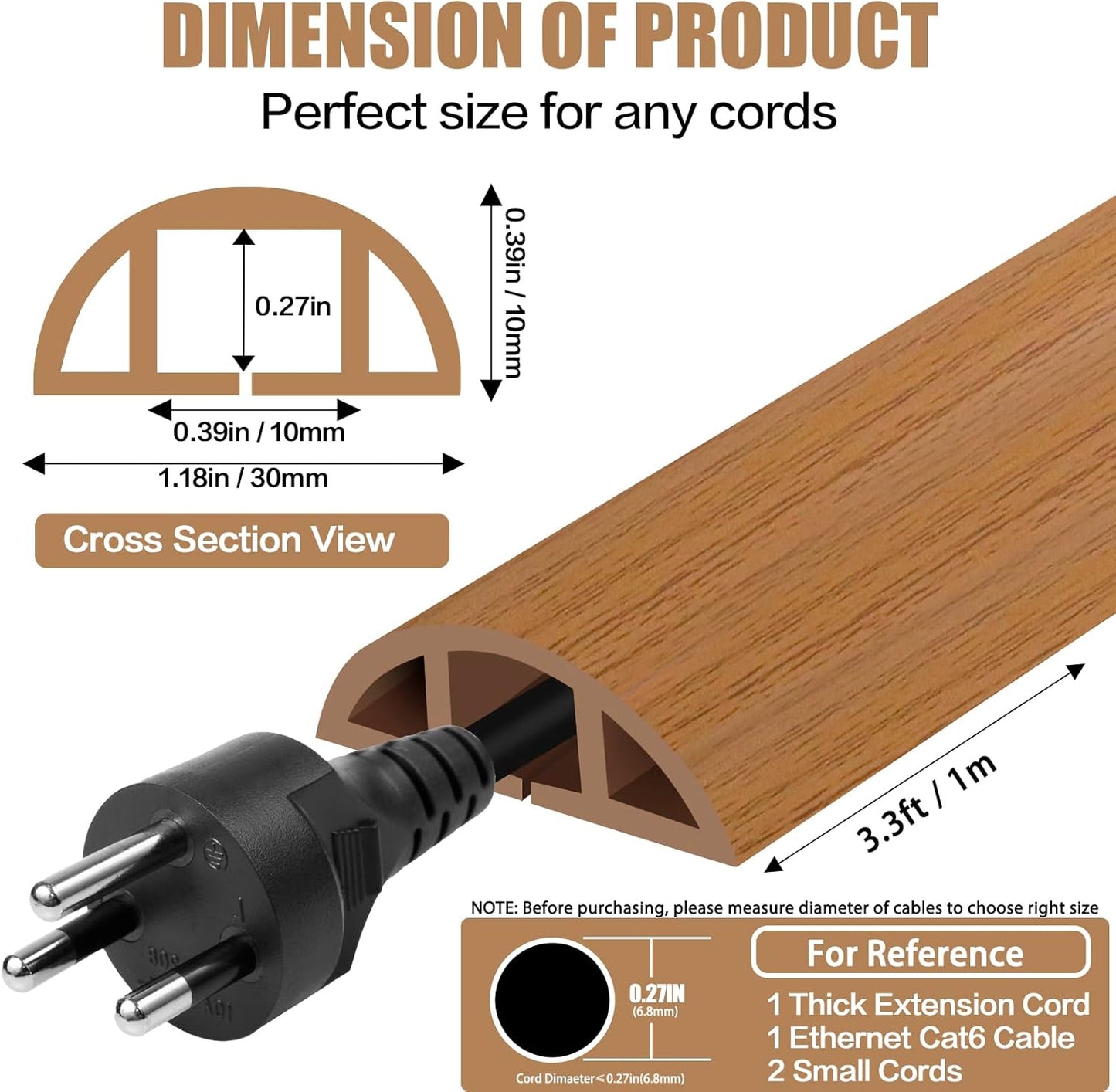 Floor Cord Cover Self Adhesive Cord Hider,3.3FT Cable Management, Extension Strip Protector for Wires, Prevent Cable Trips for Offices, Gyms, Exhibitions Cavity:0.39"(W) x 0.27"(H) Brown Wood