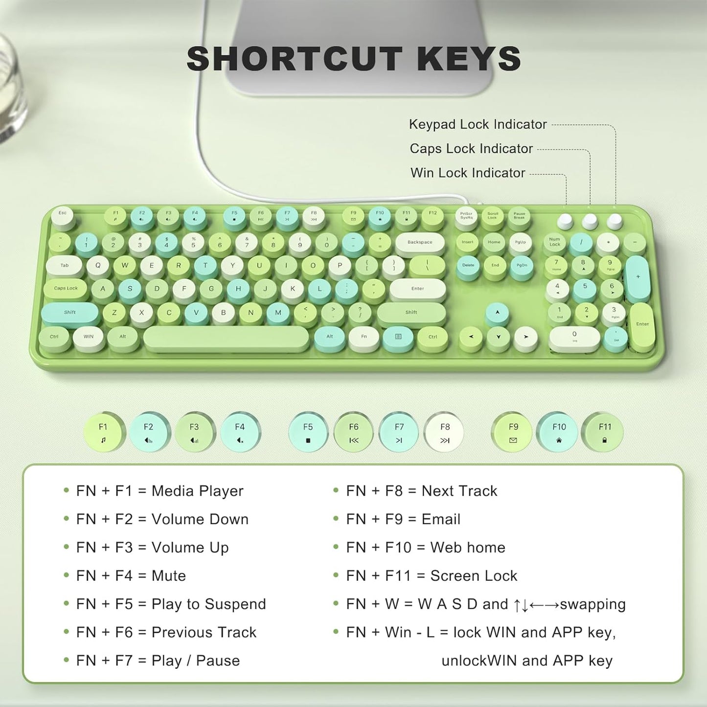 MOFII Wired Keyboard, Full Size USB Keyboard Plug Play, Colorful Retro Round Typewriter Keyboard with Foldable Stands for Windows PC Laptop (Green Colorful)