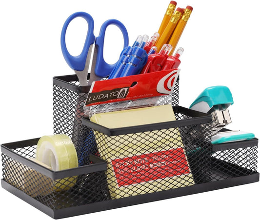 Ludato Desk Organizers Pen Holder for Desk, 4 Compartments Black Mesh Pen Holder Storage for Office Desk Accessories