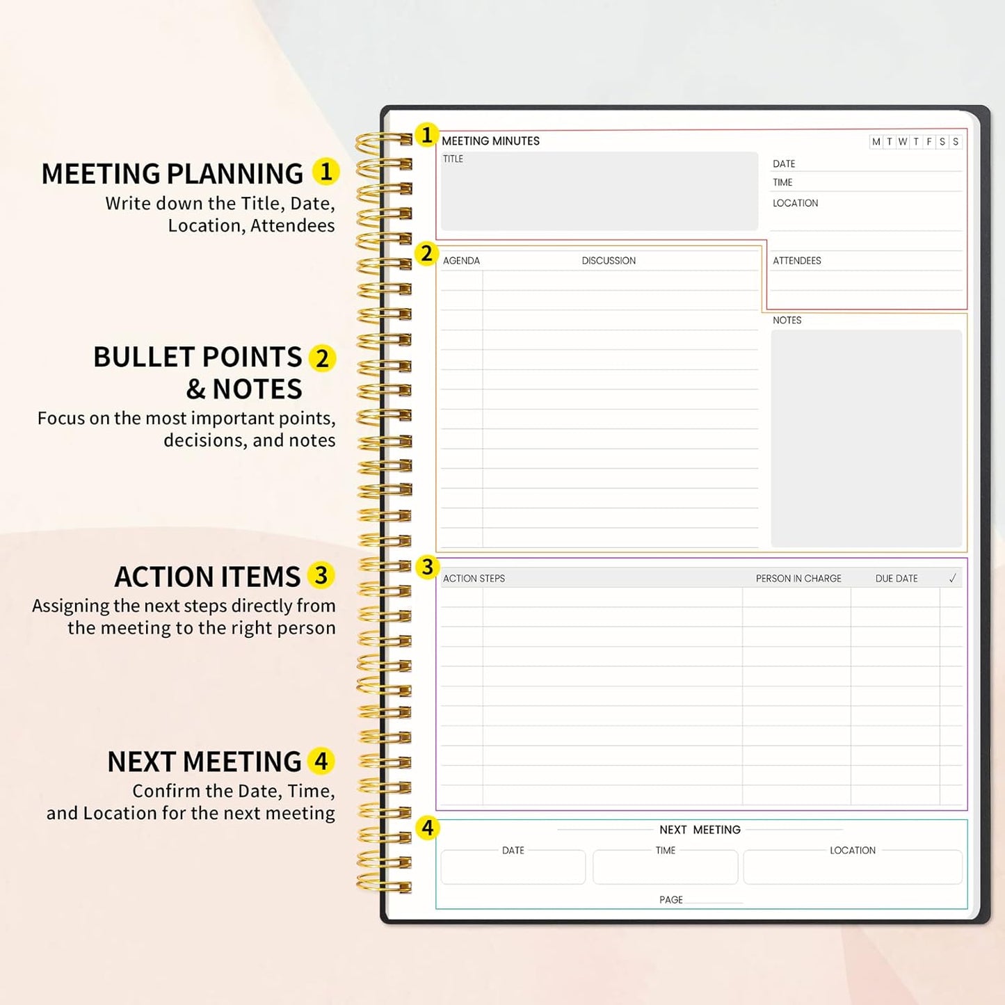 SUNEE Meeting Notebook for Work with Sticky Tabs - 160 Pages, A4 Size Project Planner, Spiral Meeting Agenda/Minutes Notebook Organizer for Women Men, Note Taking, Office & Business, 8.5"x11", Black