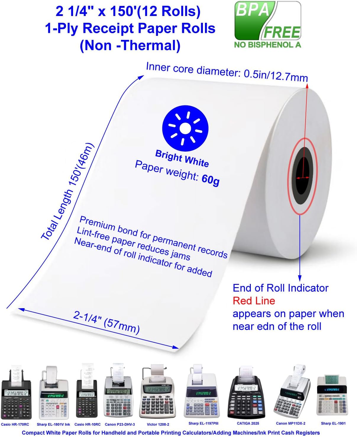 (12 Rolls)2 1/4 in x 150 ft Adding Machine Tape Paper Rolls, for HR-10RC, HR-170RC, HR-200RC, EL-1197PIII, EL-1801V, P23-DHV-3, CP-90A, MP11DX-2, 1280-2,3000Labels Direct